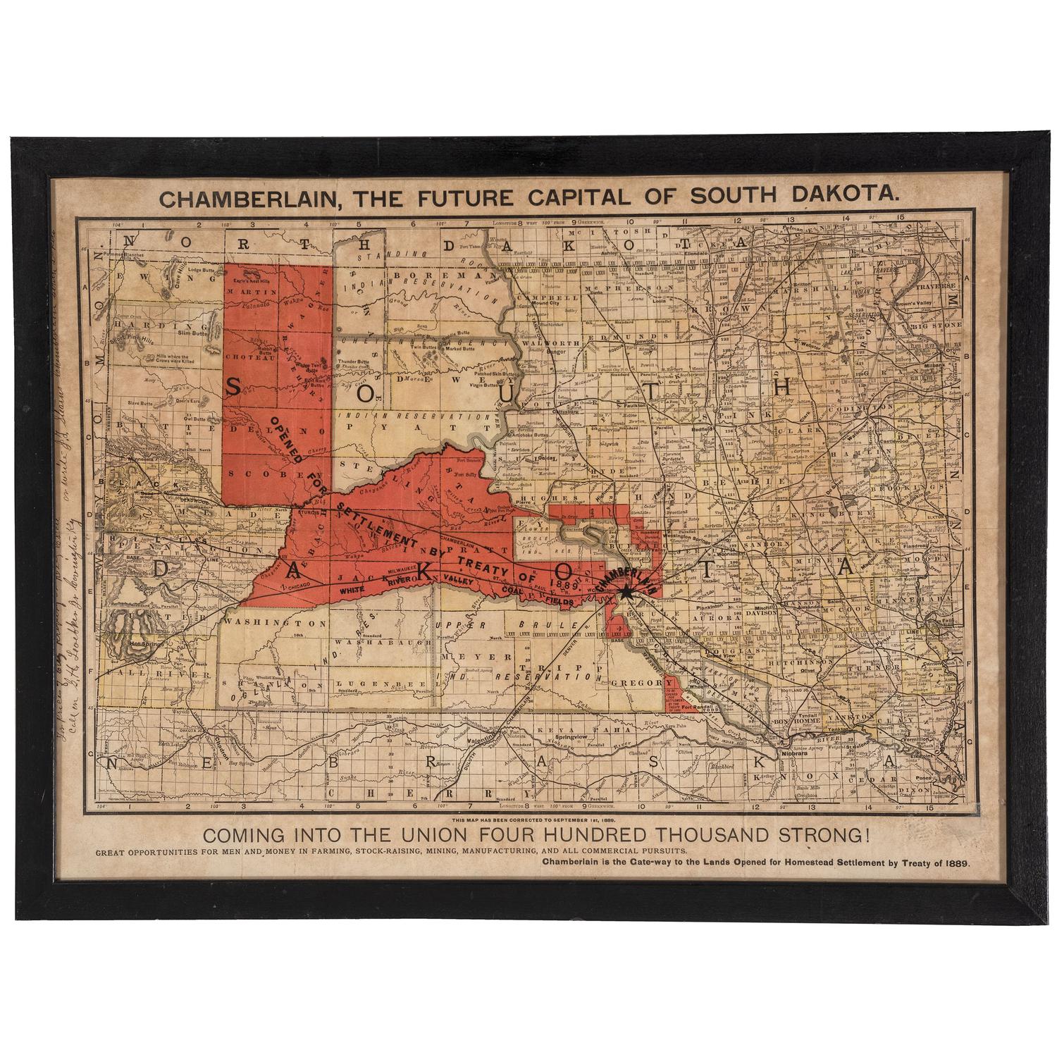 [MAPS & ATLASES - WESTERN EXPANSION]. Chamberlain, The Future Capital of South Dakota. Coming into the Union Four Hundred Thousand Strong. N.p.: N.p., 1889.