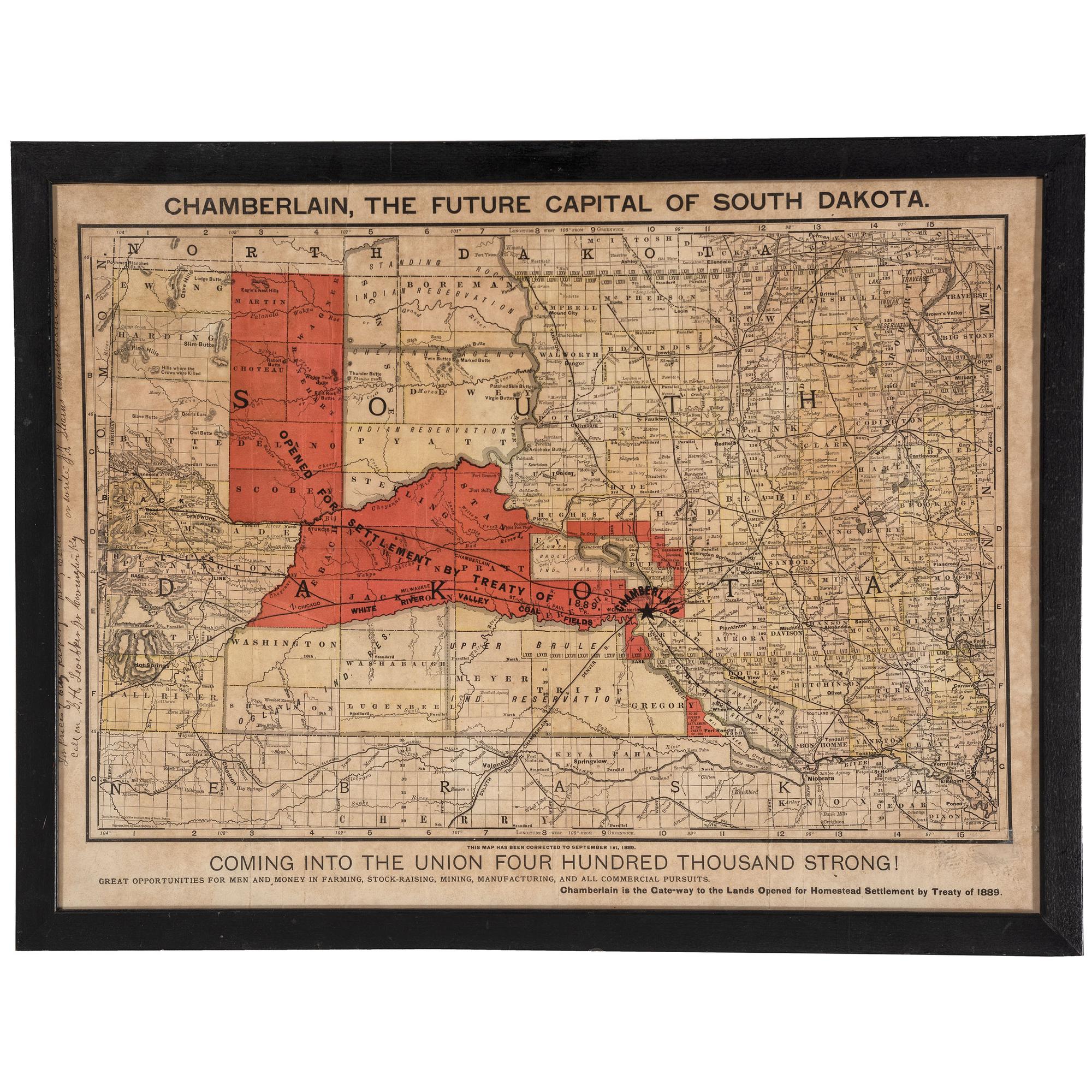 [MAPS & ATLASES - WESTERN EXPANSION]. Chamberlain, The Future Capital of South Dakota. Coming into the Union Four Hundred Thousand Strong. N.p.: N.p., 1889.