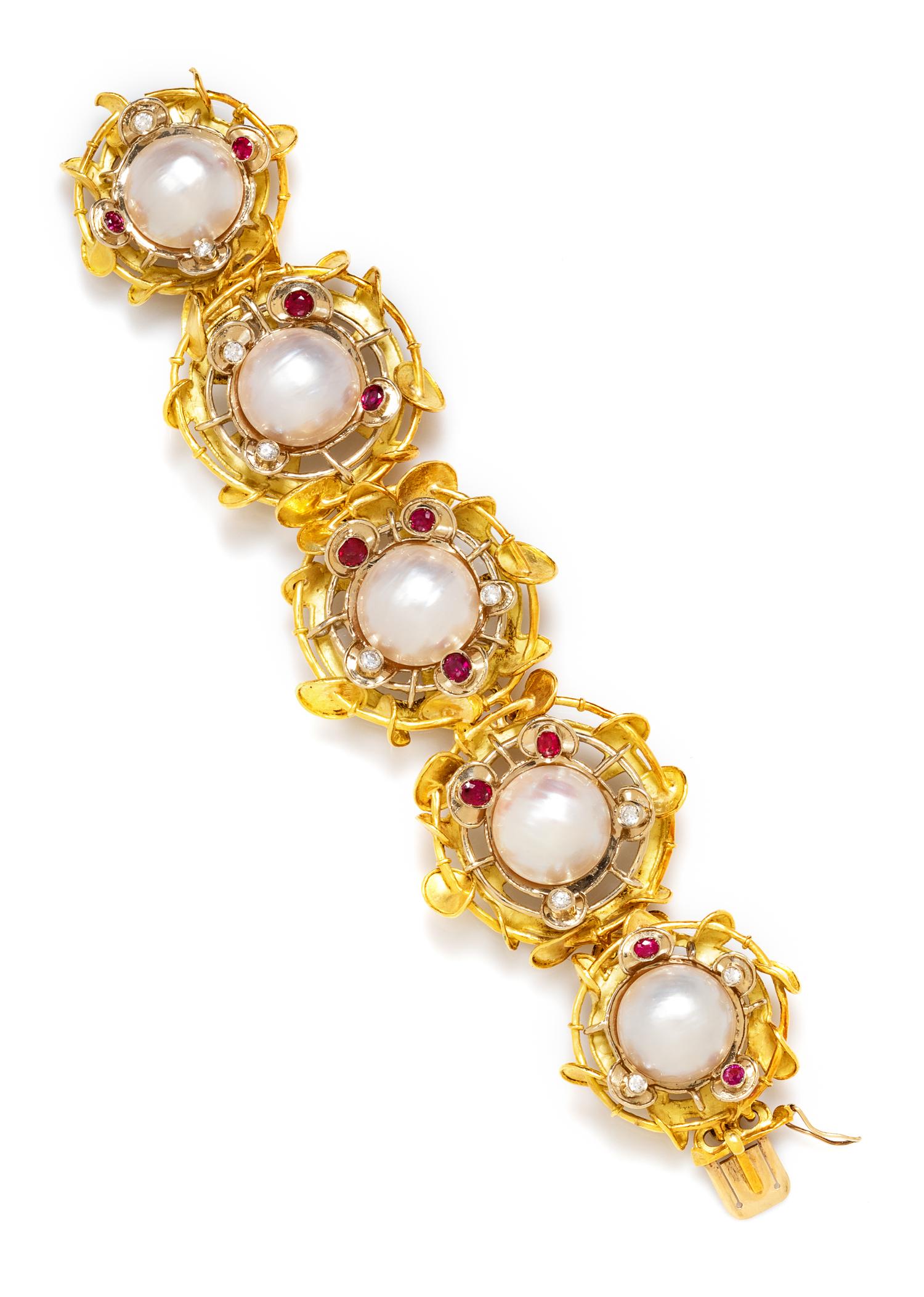 A Sculptural Bicolor Gold, Cultured Mabe Pearl, Diamond and Ruby Bracelet, Tacchi, 86.20 dwts.