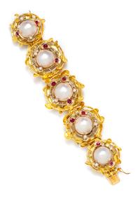 A Sculptural Bicolor Gold, Cultured Mabe Pearl, Diamond and Ruby Bracelet, Tacchi, 86.20 dwts.