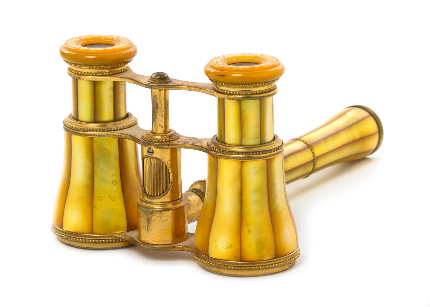 A Pair of French Mother-of-Pearl Veneered Opera Glasses, Lemaire, Width 3 7/8 inches.