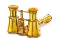 A Pair of French Mother-of-Pearl Veneered Opera Glasses, Lemaire, Width 3 7/8 inches.