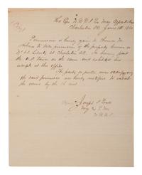 [SLAVERY & ABOLITION]. PERALI, Joseph T. Copy of a letter ordering a property vacated on behalf of Thomas M. HOLMES, a free person of color. Charleston, SC, 8 June 186[5.