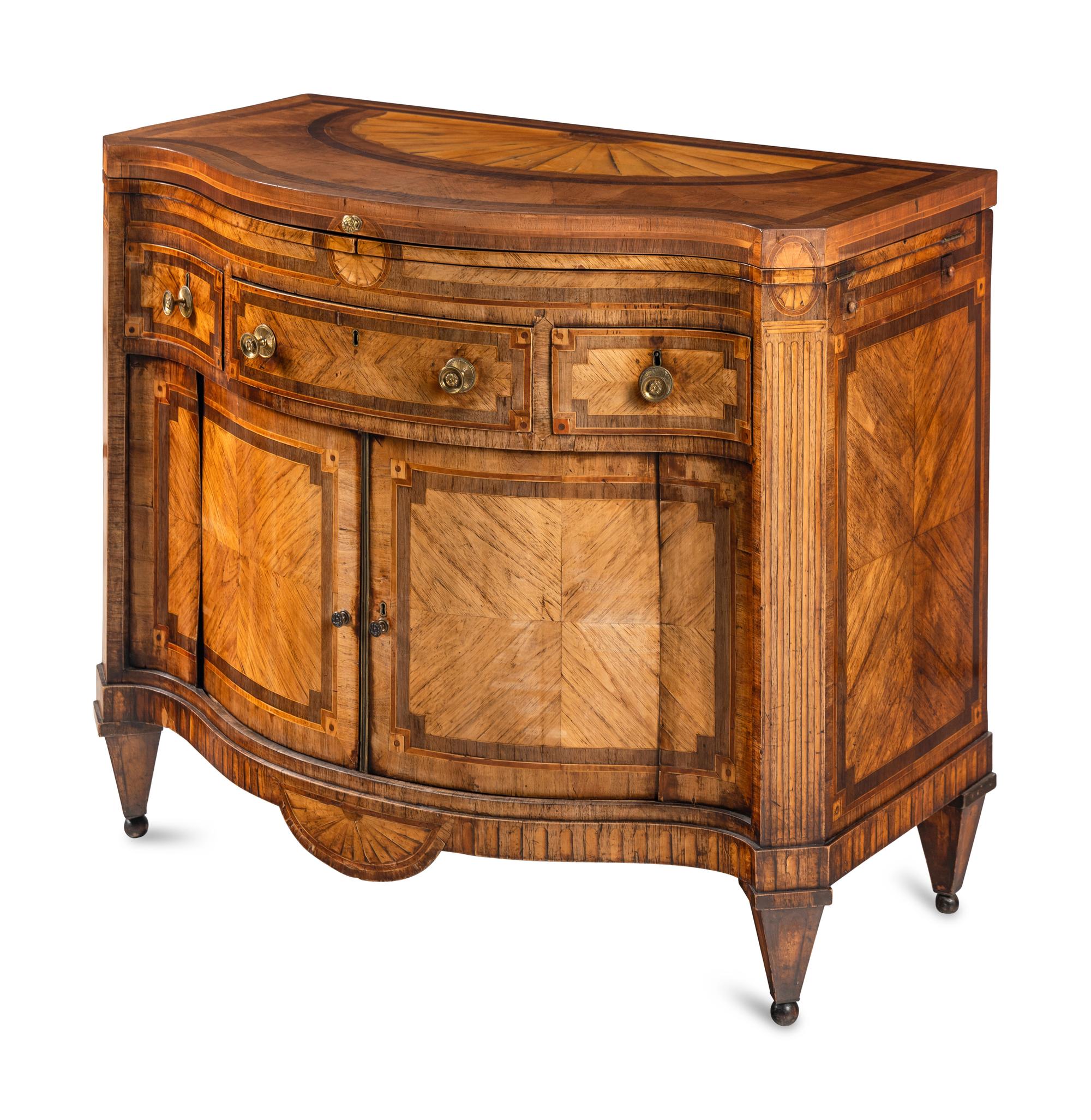 An Anglo-Dutch Tulipwood, Rosewood, Mahogany and Burr Elm Serpentine Klapbuffet