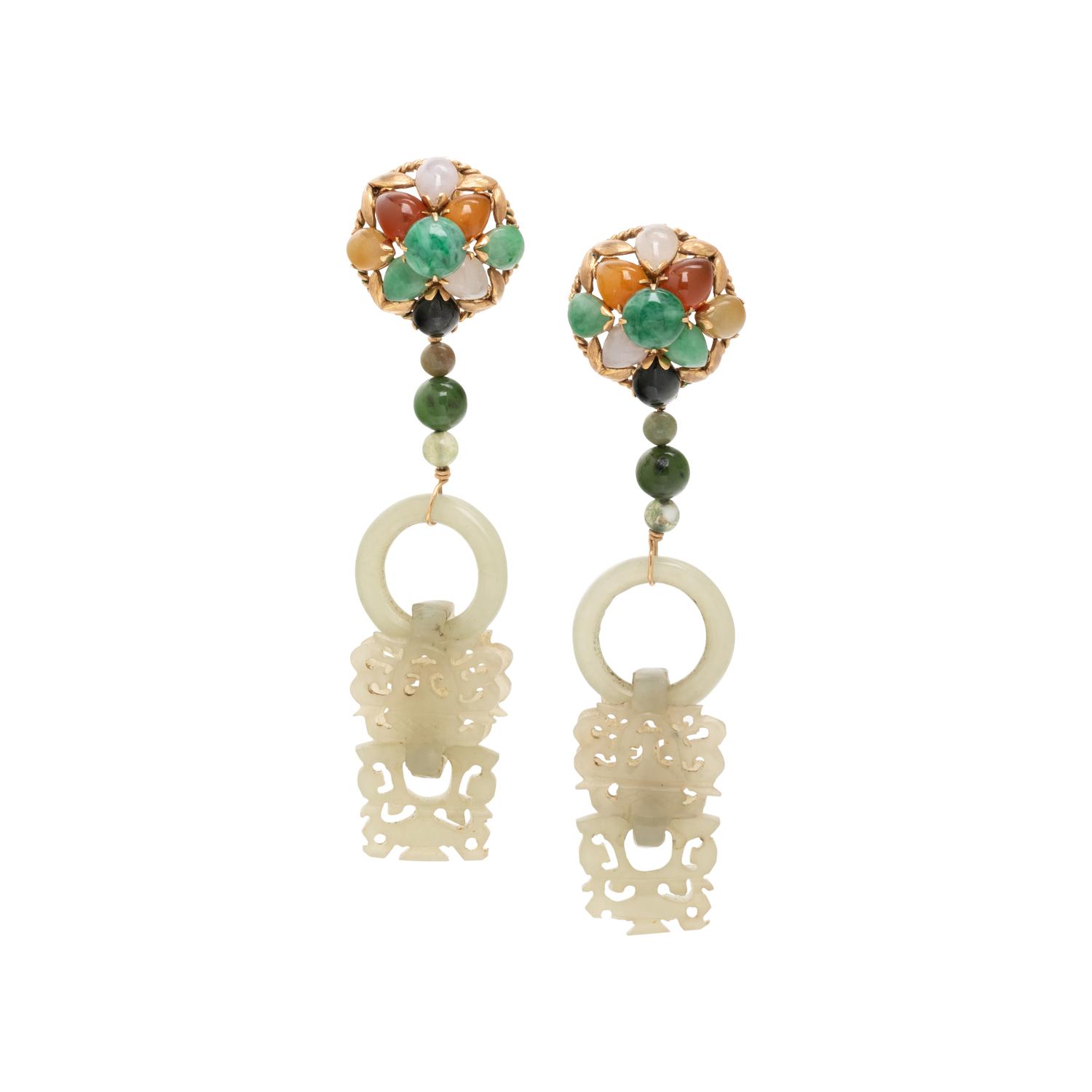 YELLOW GOLD, MULTIGEM AND JADE EARRINGS