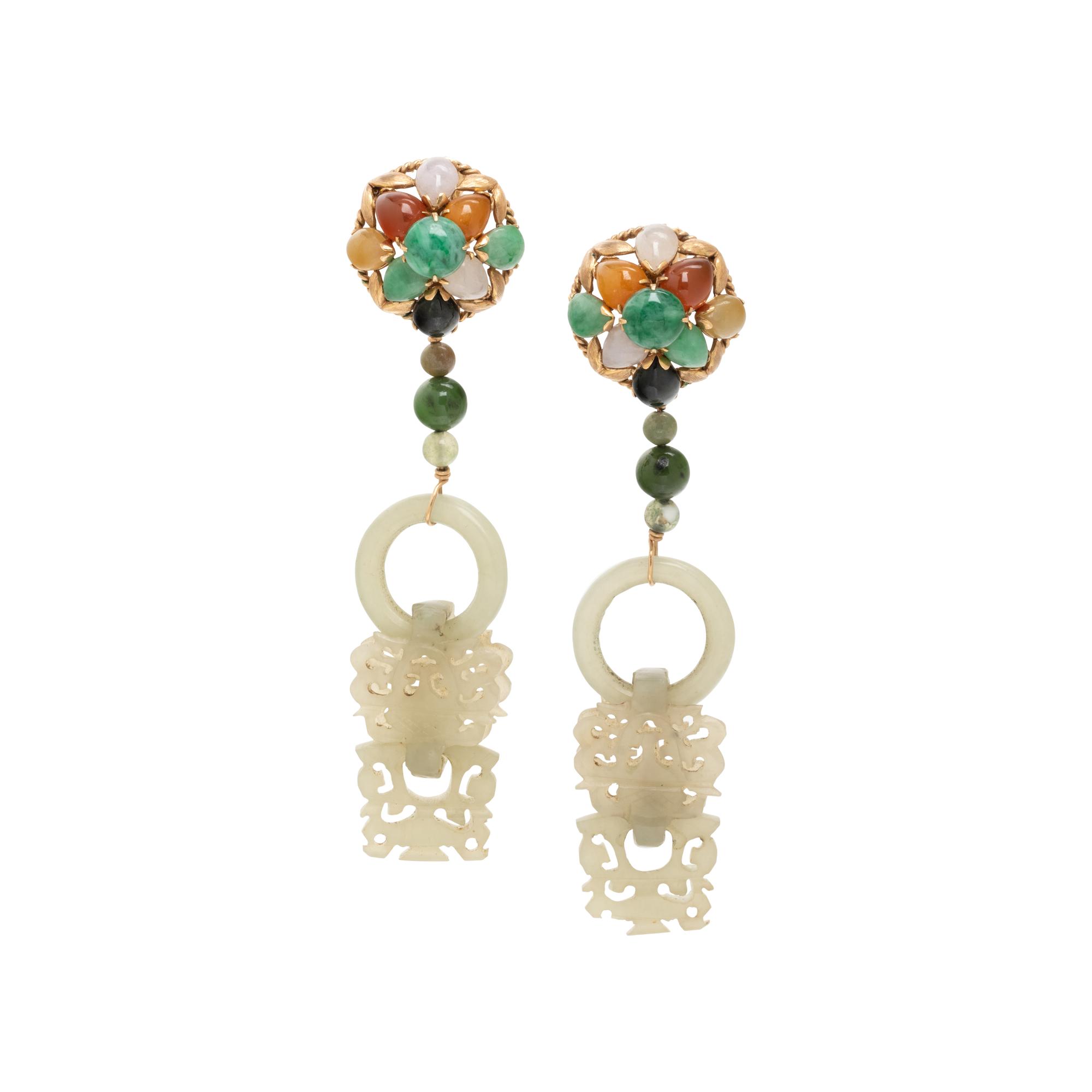 YELLOW GOLD, MULTIGEM AND JADE EARRINGS