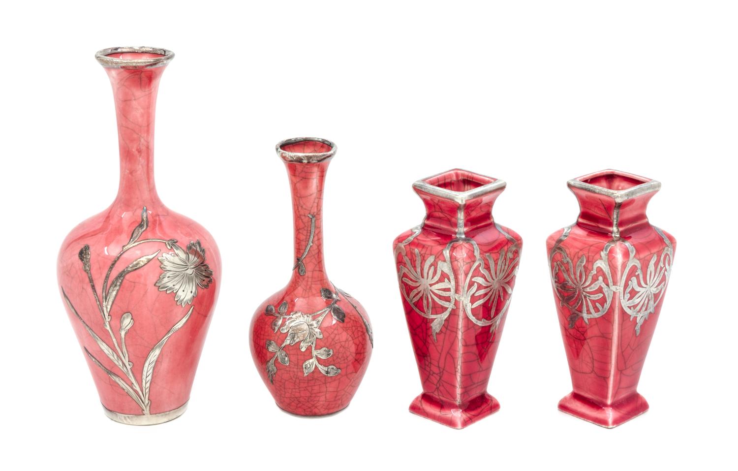 A Group of Four Ceramic Silver Overlay Cabinet Vases Height of tallest 5 1/2 inches.