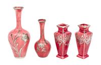A Group of Four Ceramic Silver Overlay Cabinet Vases Height of tallest 5 1/2 inches.