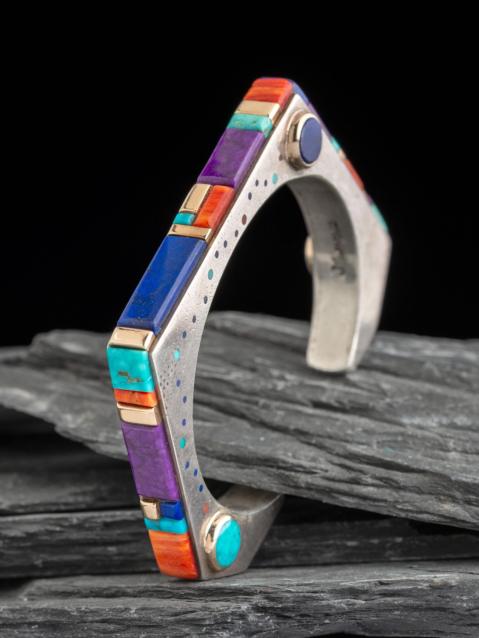 Inlaid Sterling Silver Angular Cuff Bracelet, with 14K Gold Accents