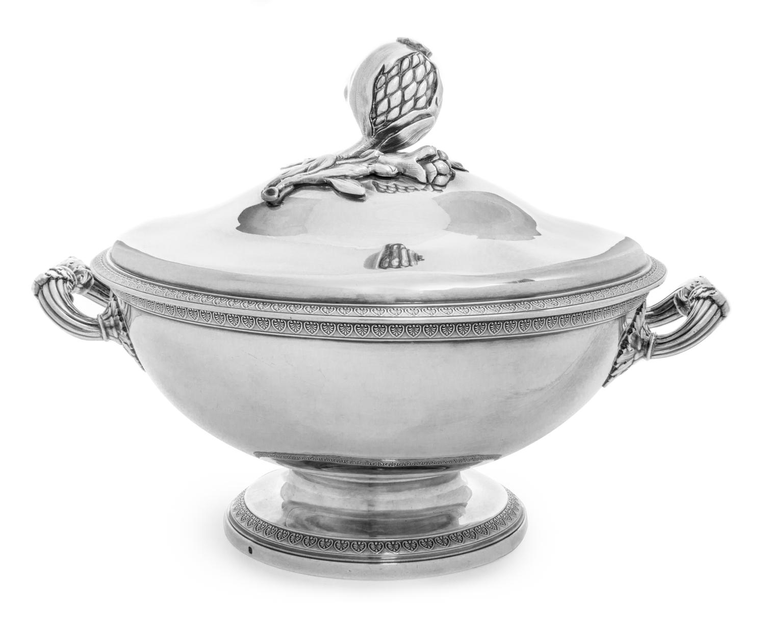 A Louis Philippe Silver Tureen, Marc-Augustin Lebrun, Paris, Circa 1840, the circular lid applied with a realistic pomegranate finial,