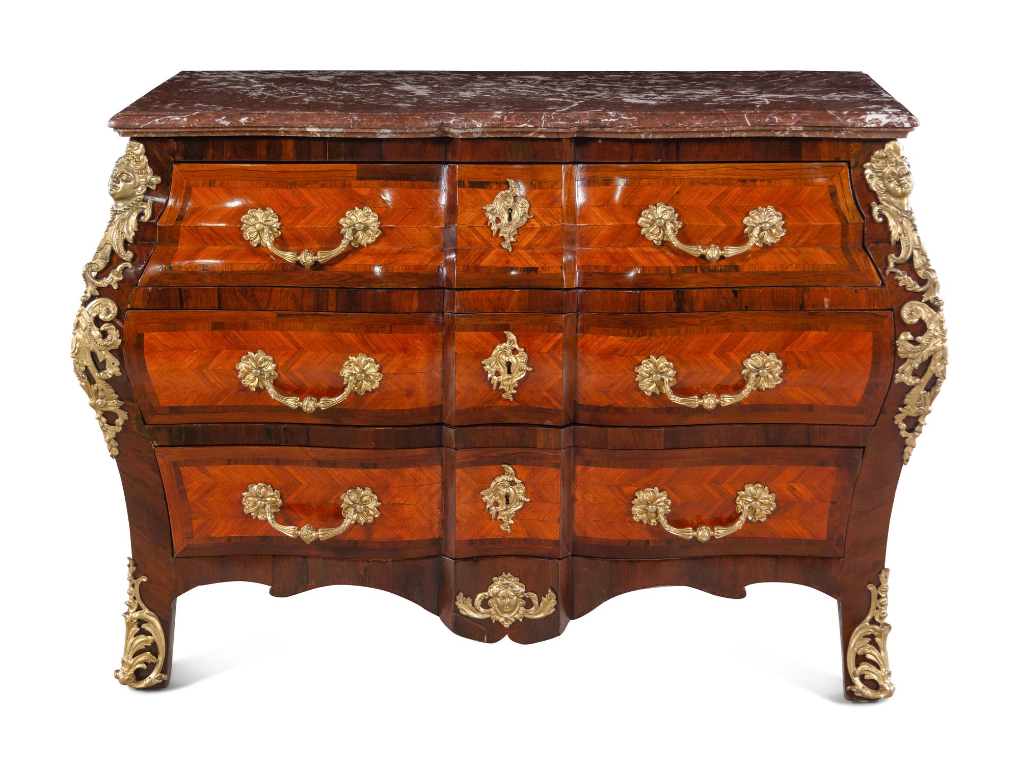 A Régence Style Gilt Bronze Mounted Parquetry Marble-Top Bombe Commode
