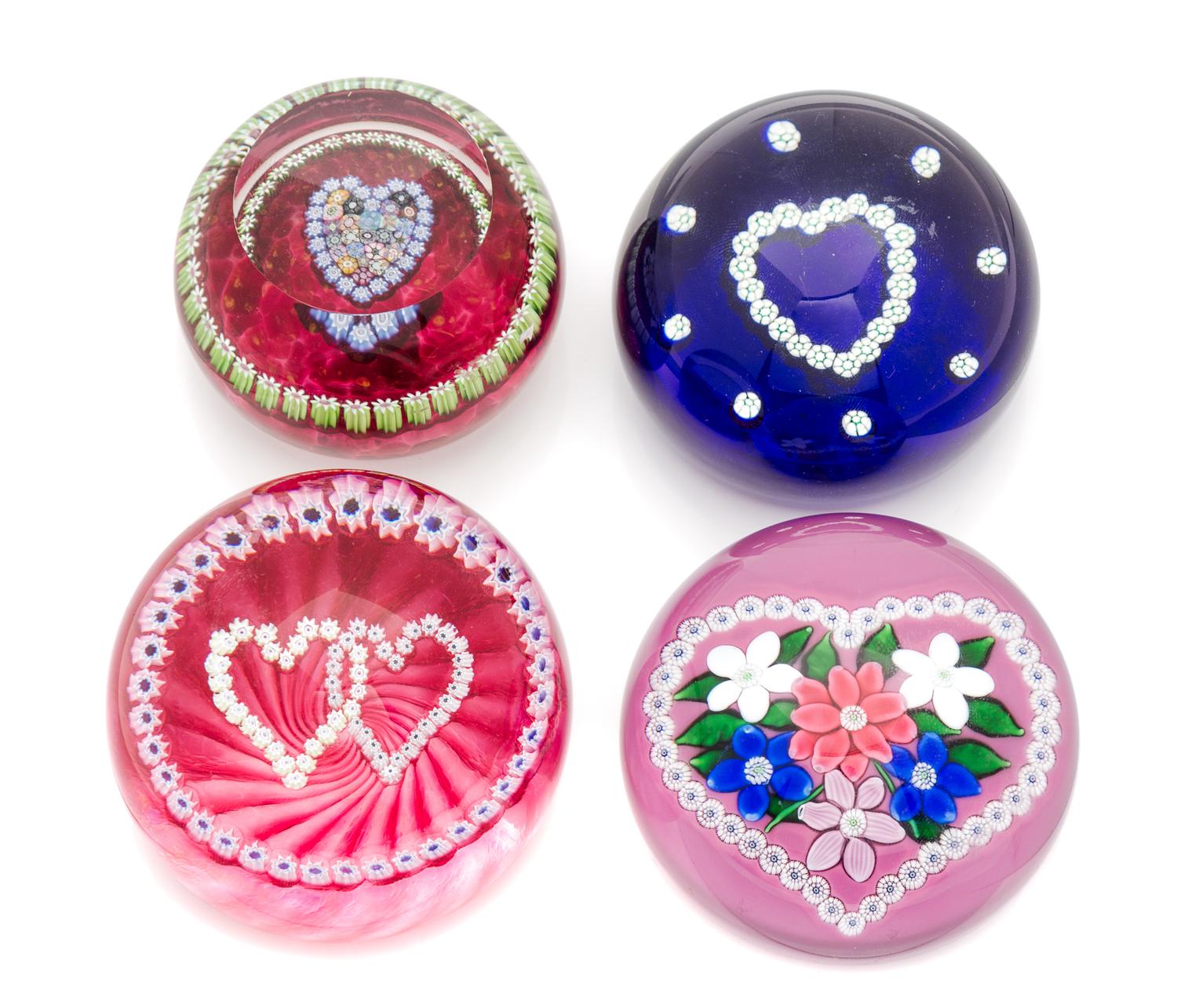 Saint-Louis, Perthshire Paperweights and Caithness Glass, France; Scotland, four heart motif paperweights