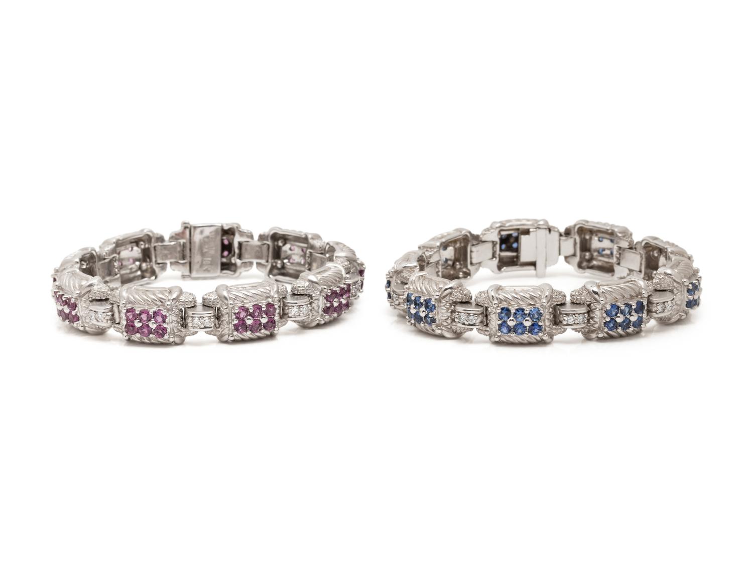 JUDITH RIPKA, DIAMOND AND PINK SAPPHIRE BRACELET AND MATCHING SAPPHIRE BRACELET