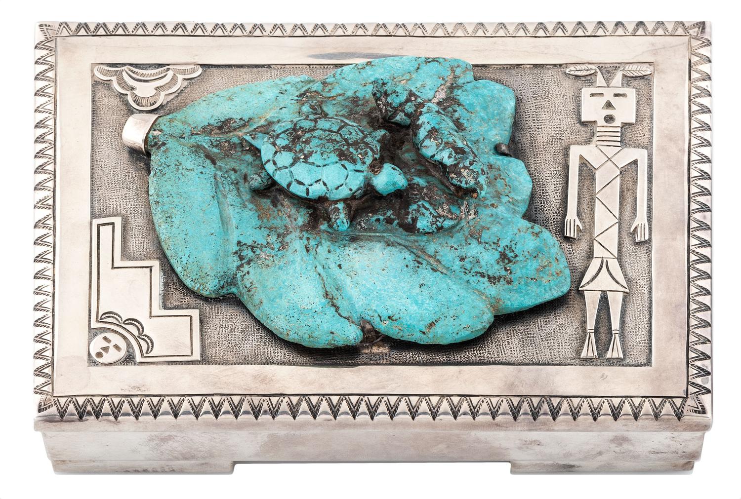 Sterling Silver Lidded Box, with Yei Figure and Large Carved Turquoise Leaf with Turtle and Chrysalis