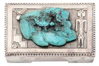 Sterling Silver Lidded Box, with Yei Figure and Large Carved Turquoise Leaf with Turtle and Chrysalis