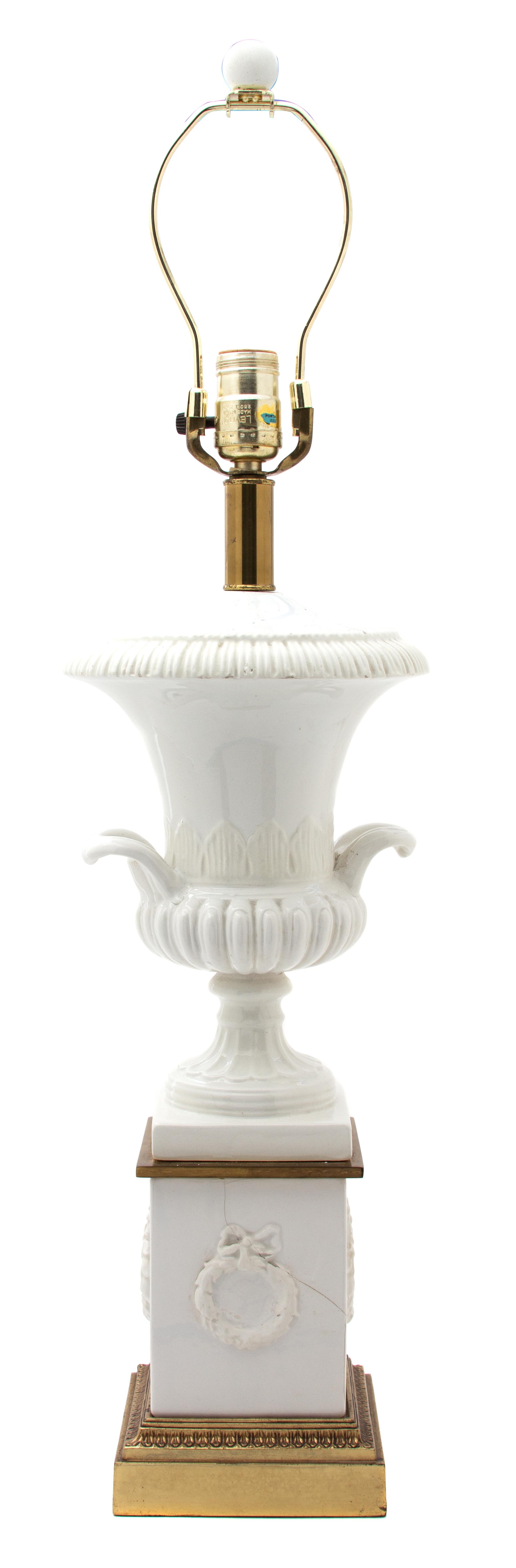 A Campana Urn-Form White Glazed Ceramic Table Lamp Height 23 1/2 inches. — 20TH CENTURY