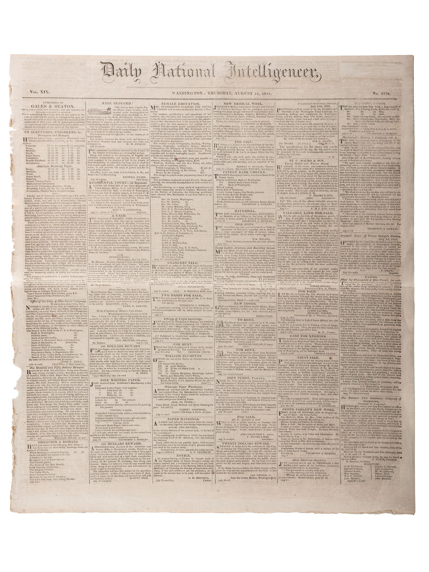 [SLAVERY & ABOLITION]. Advertisements for the return of freedom seekers published in 7 issues of The National Intelligencer . Washington, DC: 1831-1858.