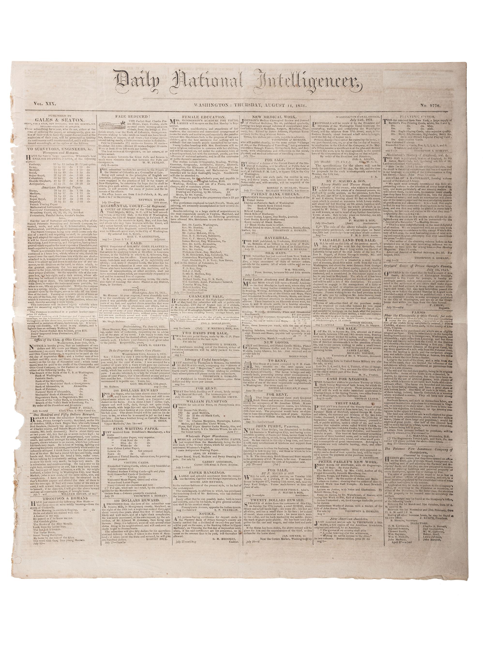 [SLAVERY & ABOLITION]. Advertisements for the return of freedom seekers published in 7 issues of The National Intelligencer . Washington, DC: 1831-1858.