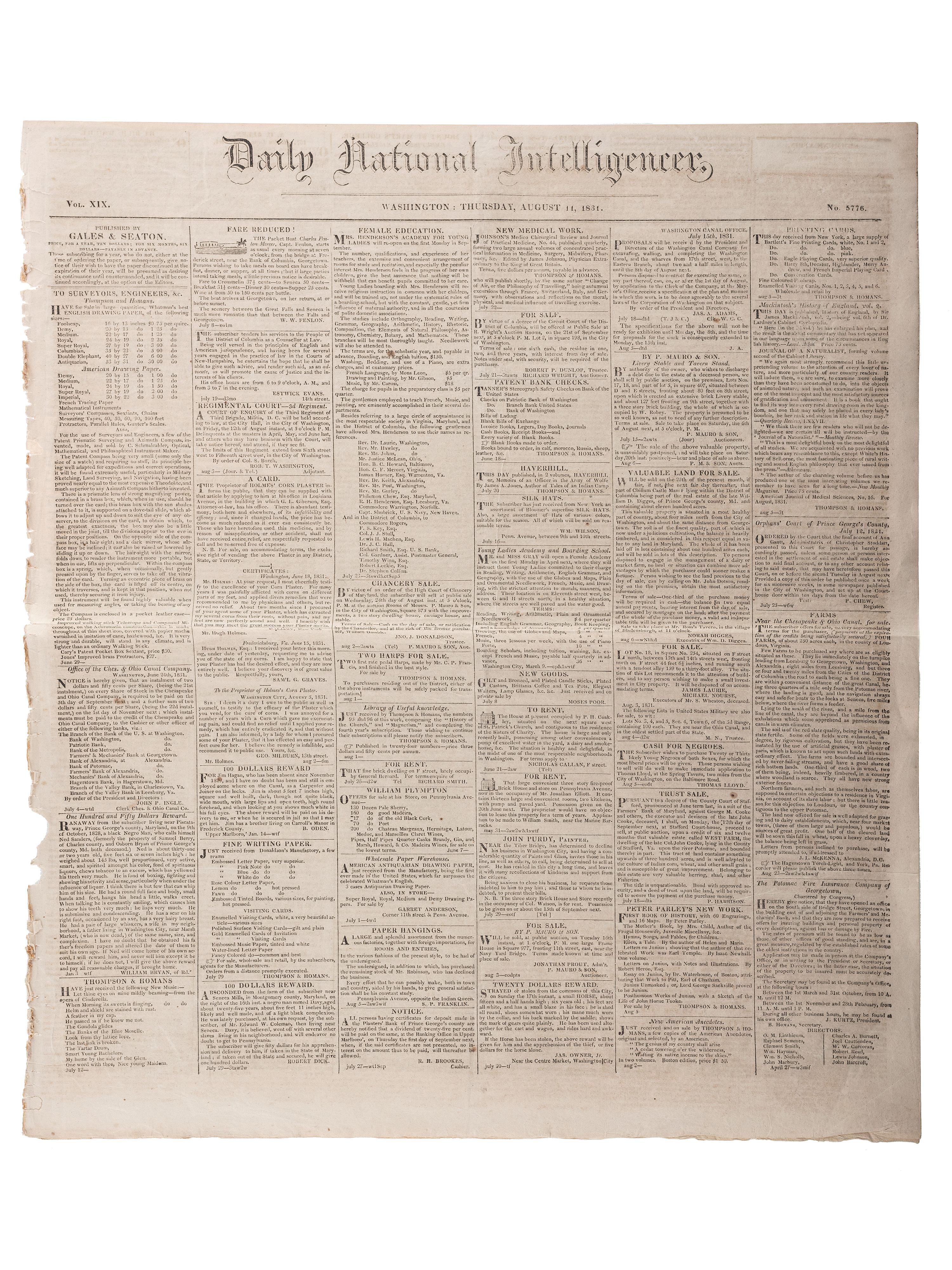 [SLAVERY & ABOLITION]. Advertisements for the return of freedom seekers published in 7 issues of The National Intelligencer . Washington, DC: 1831-1858.