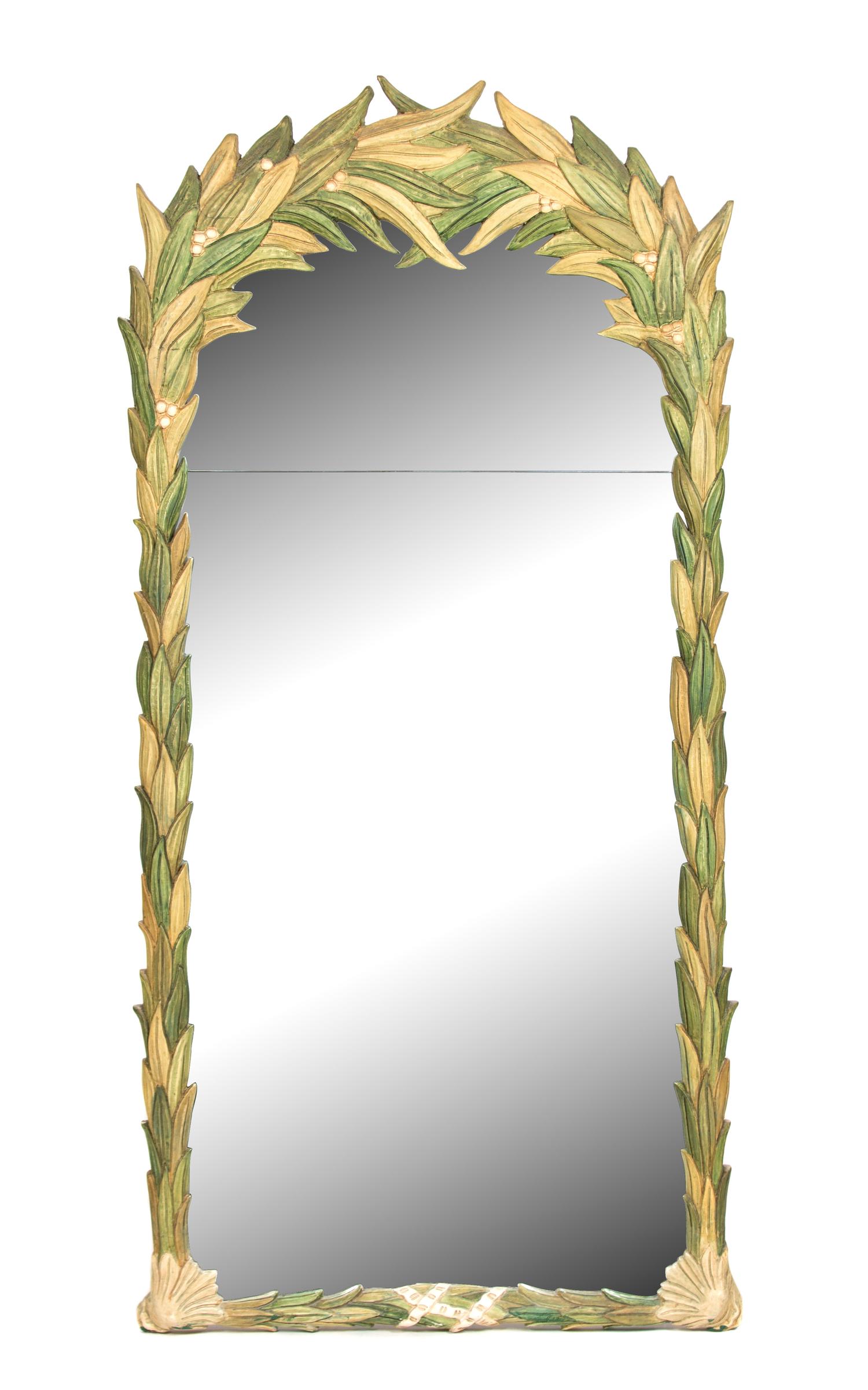 A Polychromed Carved Wood Foliate Framed Mirror Height 67 x width 32 inches. — 20TH CENTURY