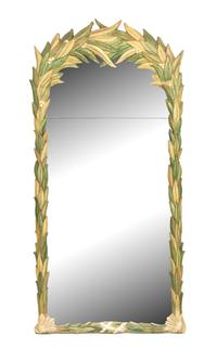 A Polychromed Carved Wood Foliate Framed Mirror Height 67 x width 32 inches. — 20TH CENTURY