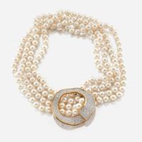 A cultured pearl, diamond, gold, and platinum necklace