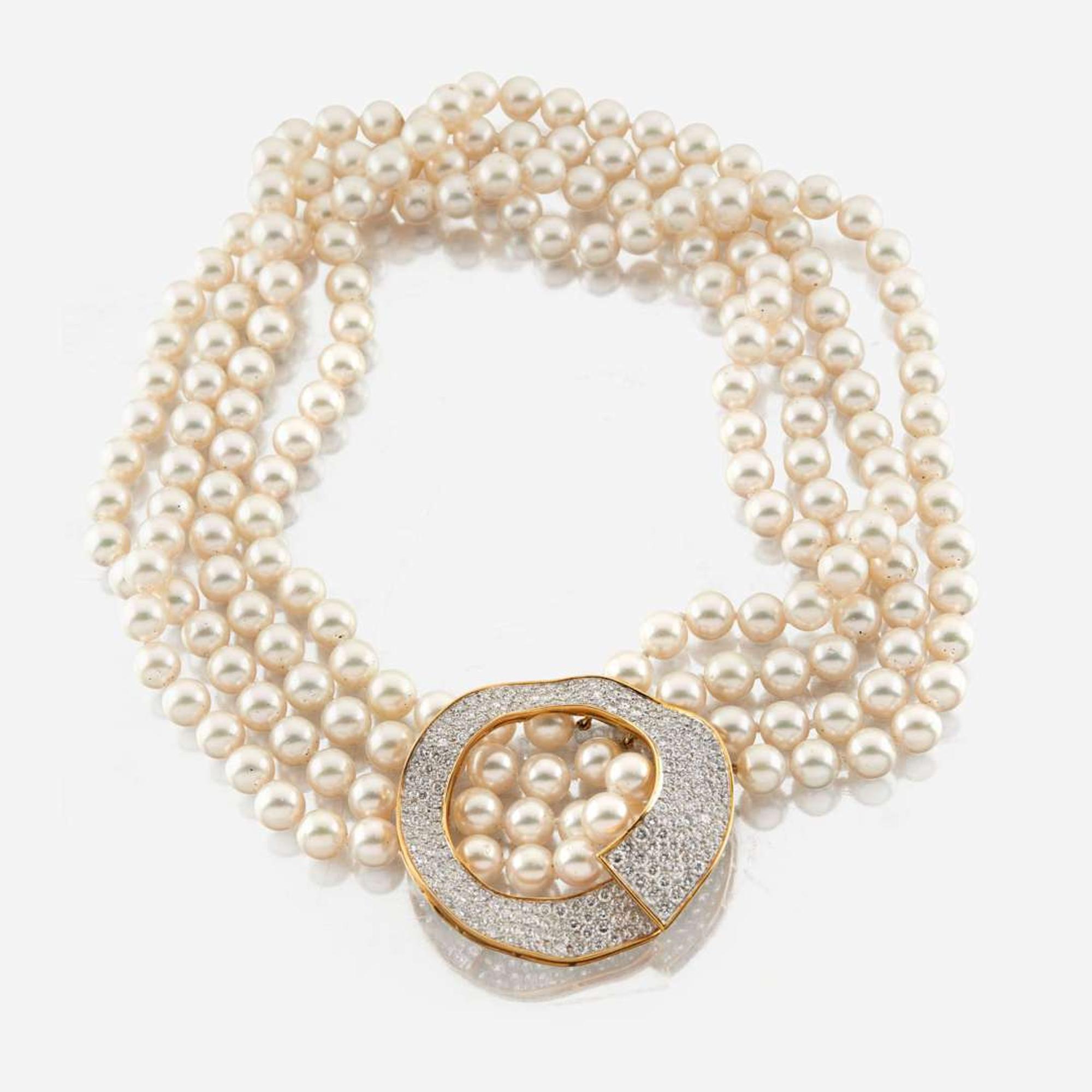 A cultured pearl, diamond, gold, and platinum necklace