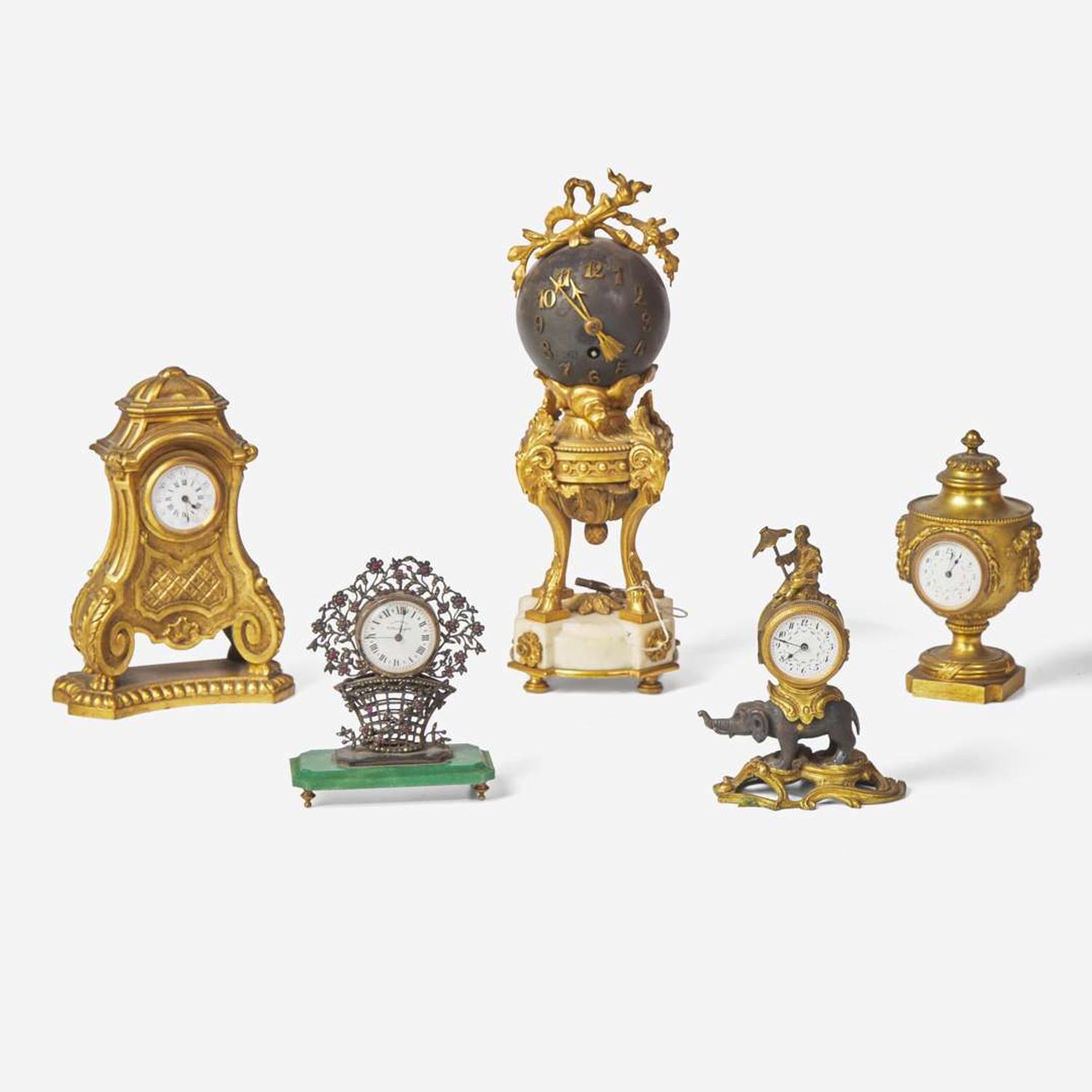 A collection of five miniature mantel clocks, 19th and early 20th century