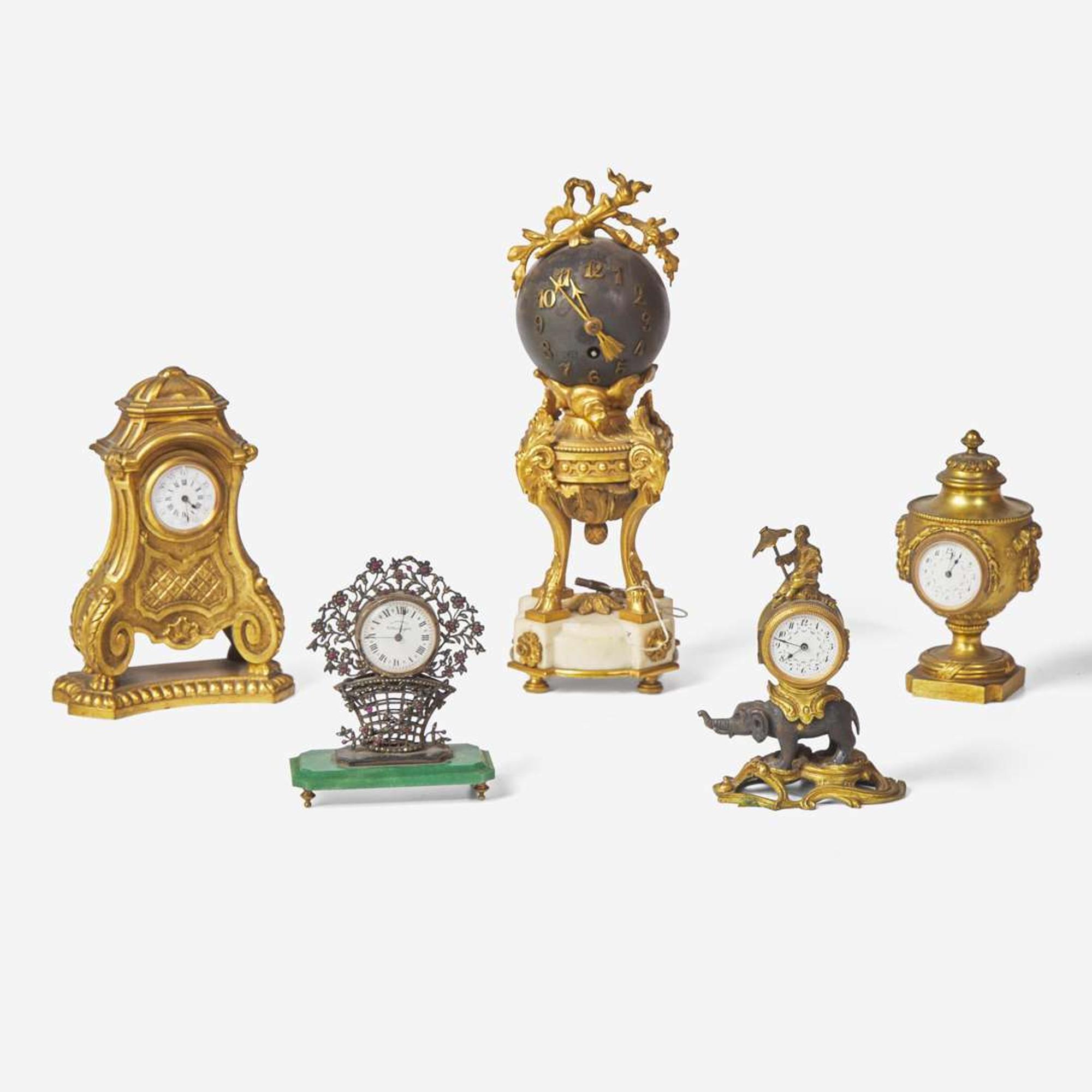 A collection of five miniature mantel clocks, 19th and early 20th century