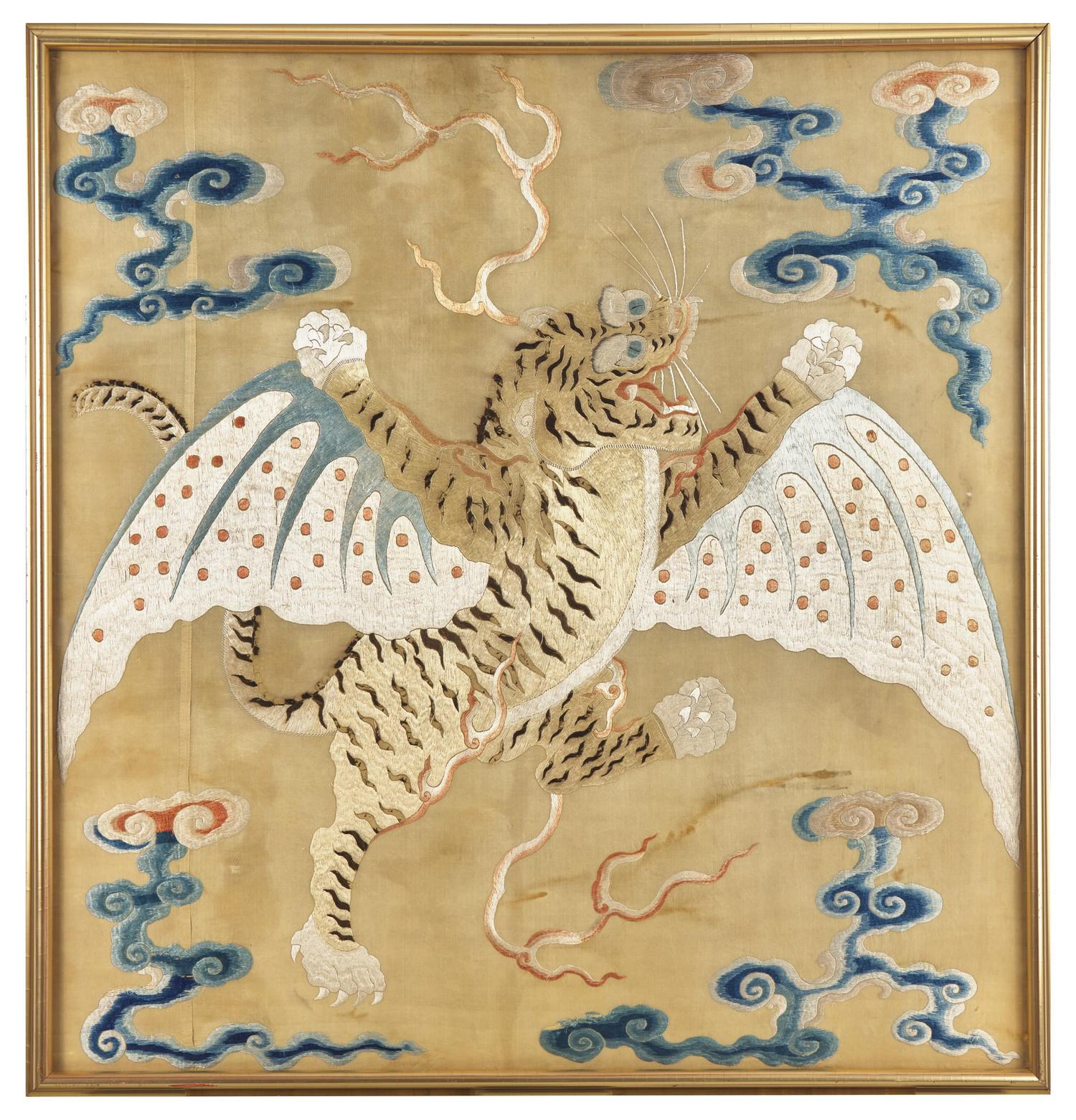 A Rare Chinese Silk Embroidered 'Flying Tiger' Yellow Banner, Qing Dynasty 清 黃地綉飛虎軍旗
