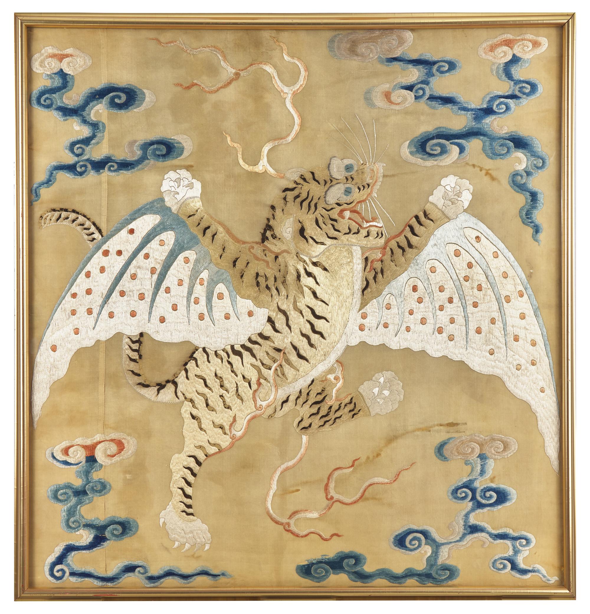 A Rare Chinese Silk Embroidered 'Flying Tiger' Yellow Banner, Qing Dynasty 清 黃地綉飛虎軍旗