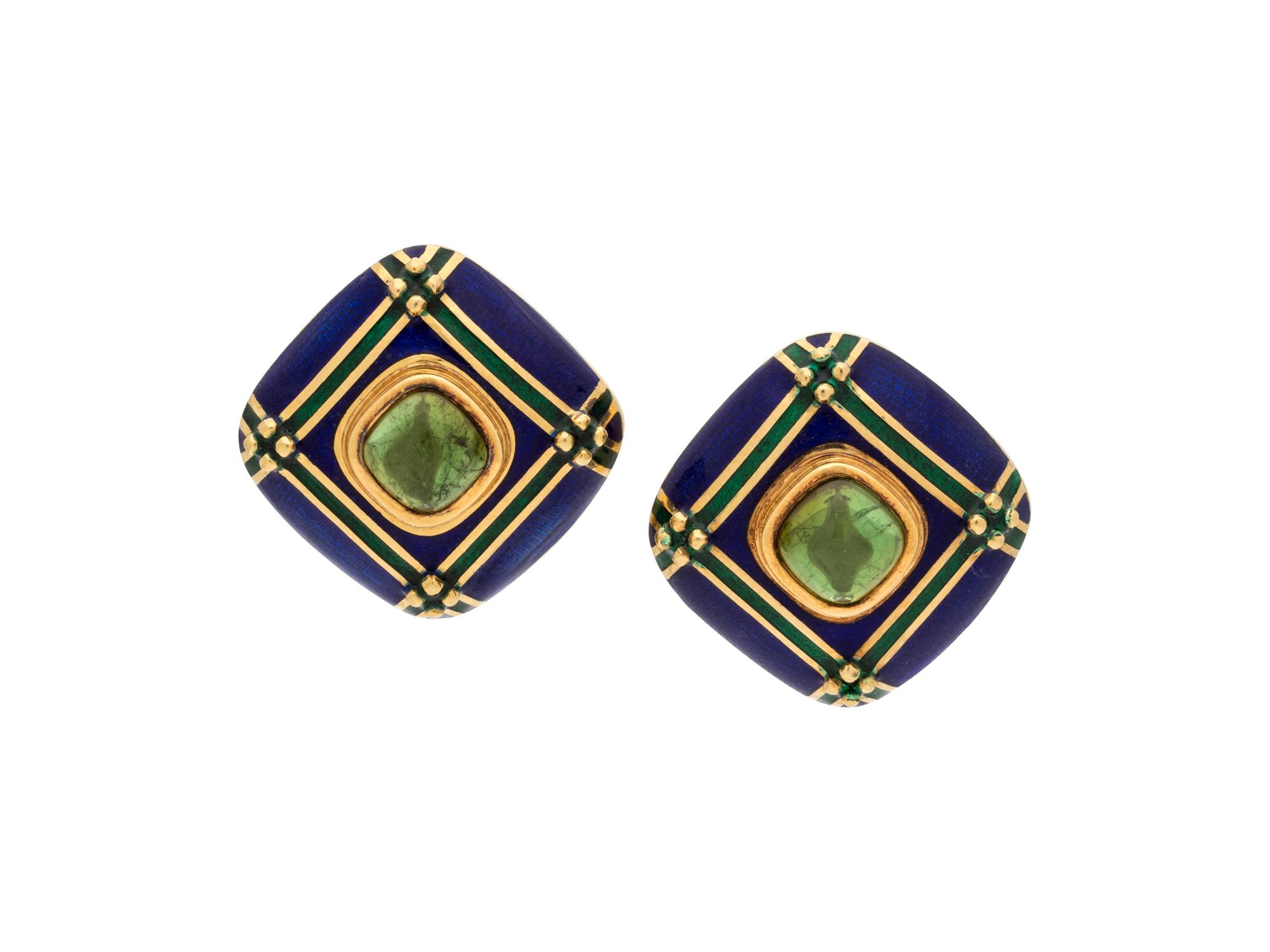 MAVITO, GREEN TOURMALINE AND ENAMEL EARCLIPS