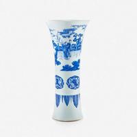 A large finely-decorated Chinese blue and white porcelain "Romance of the Western Chamber" gu-form beaker vase