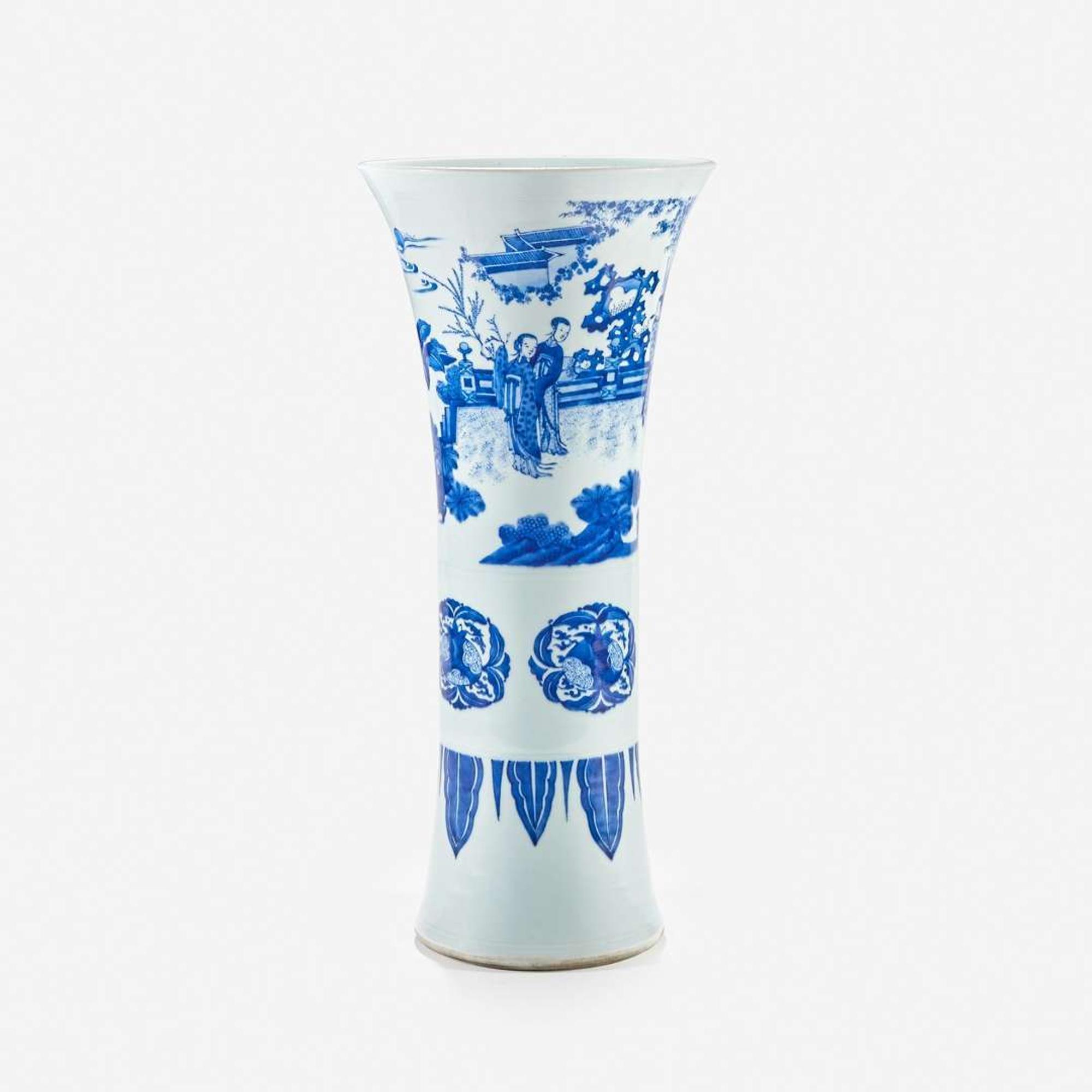 A large finely-decorated Chinese blue and white porcelain "Romance of the Western Chamber" gu-form beaker vase