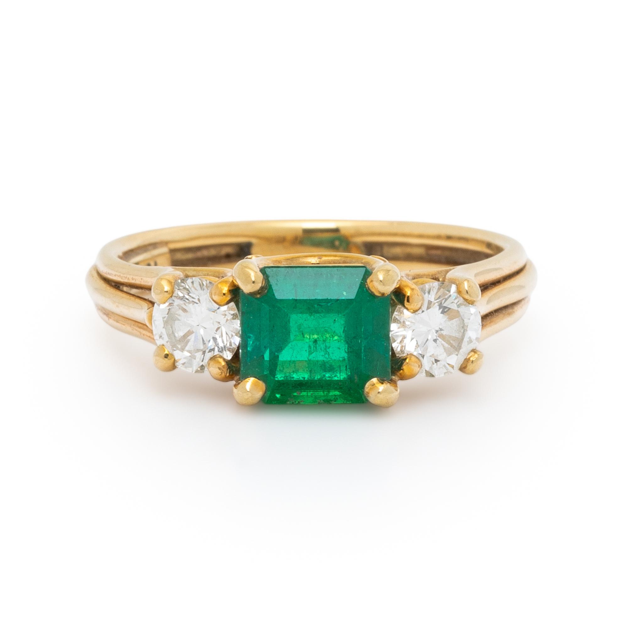 EMERALD, DIAMOND, AND YELLOW GOLD RING