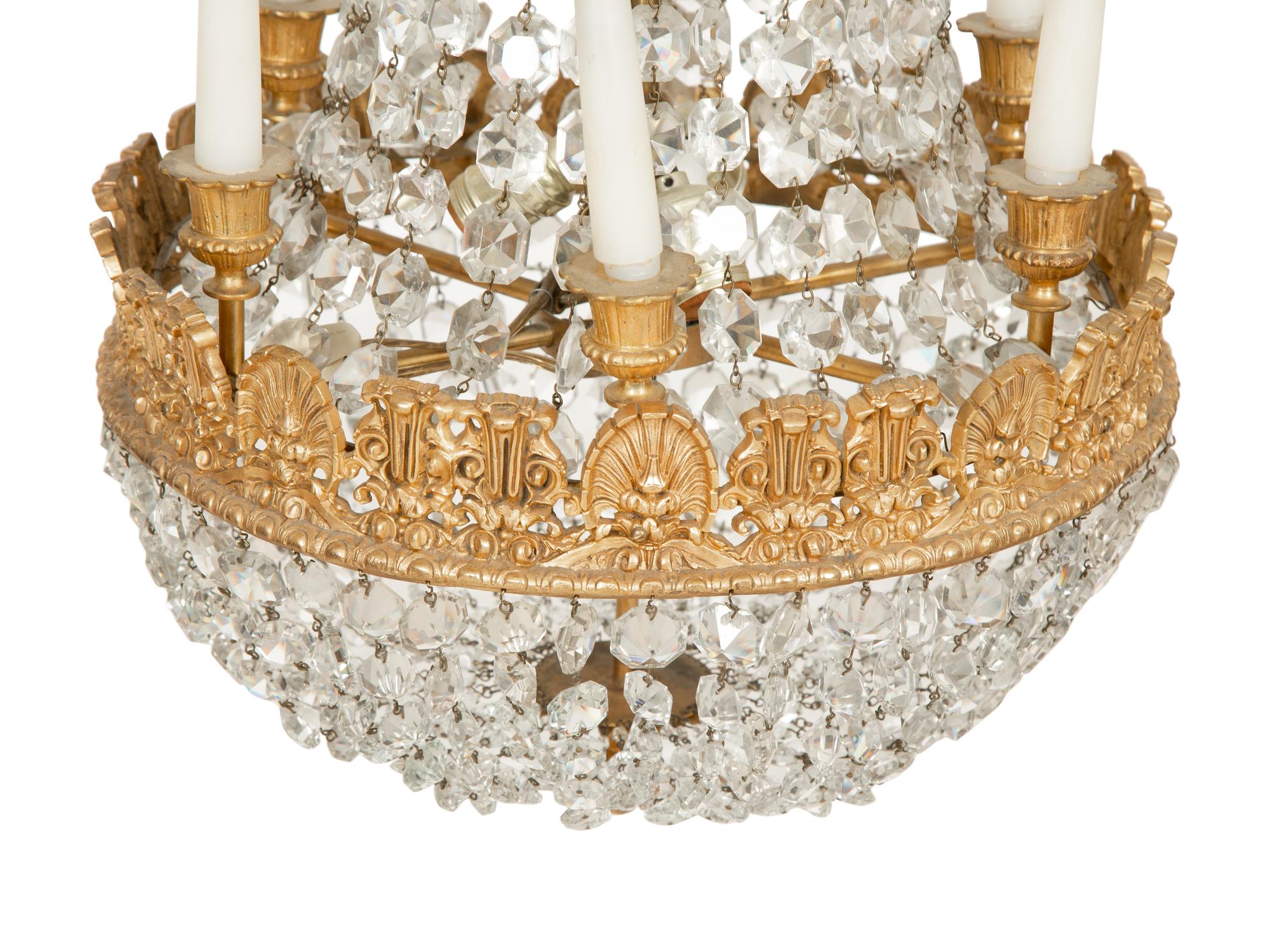 An Empire Style Gilt Metal and Cut Glass Six-Light Chandelier