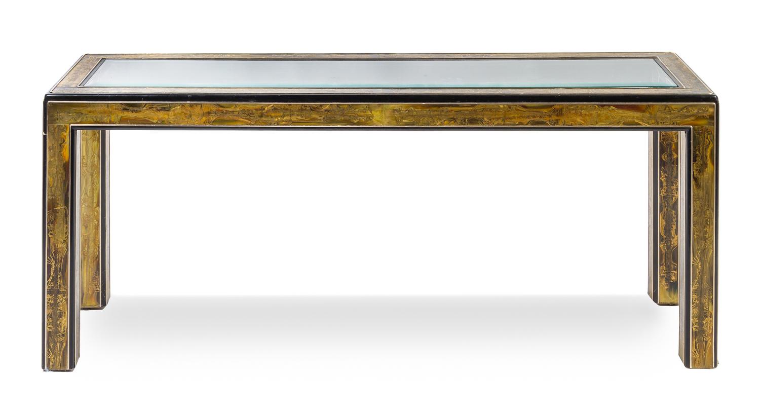 A Bernard Rohne Brass Veneered Center and End Table Height 26 1/2 x width 64 x depth 18 1/4 inches.
