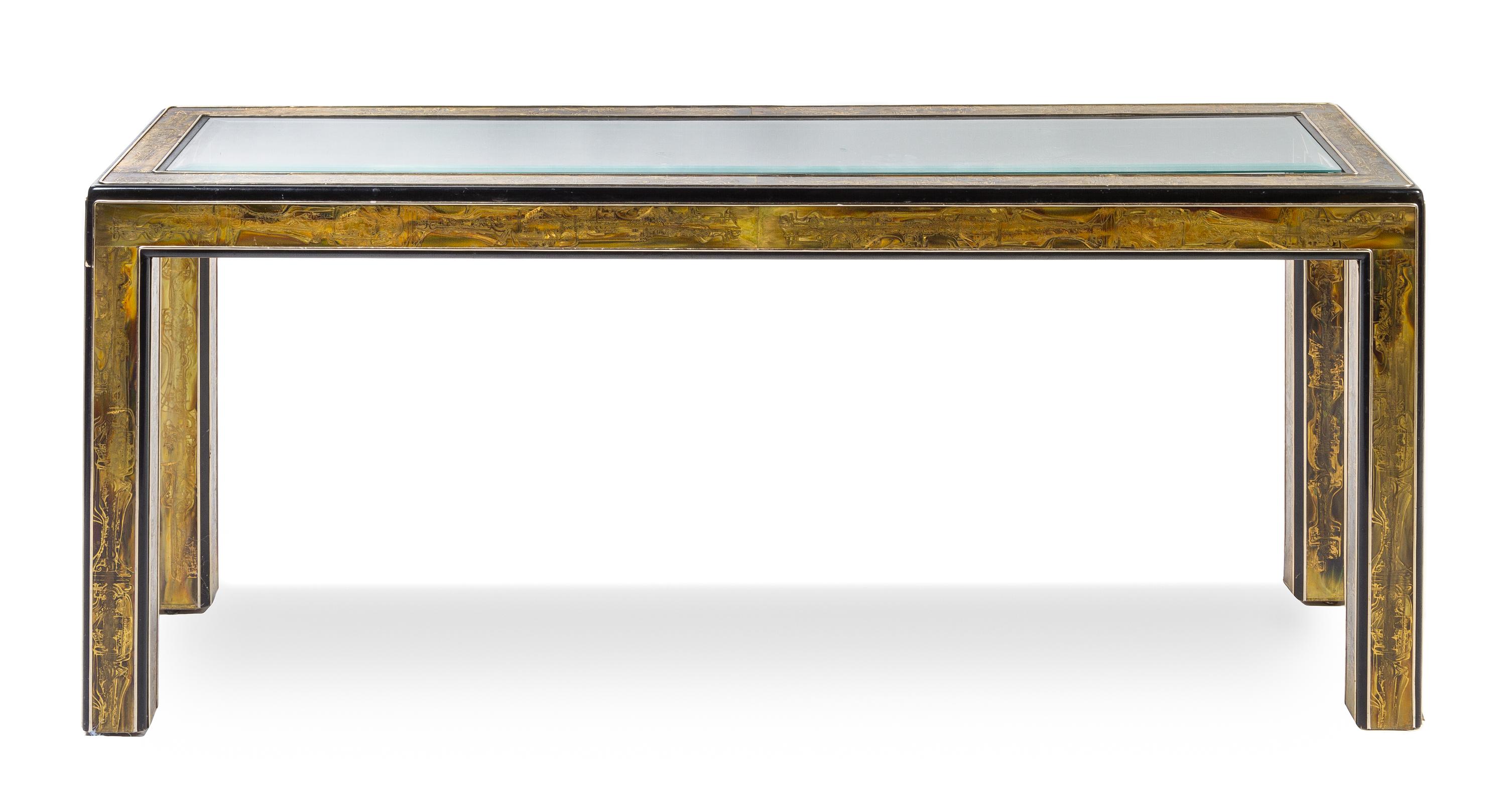 A Bernard Rohne Brass Veneered Center and End Table Height 26 1/2 x width 64 x depth 18 1/4 inches.