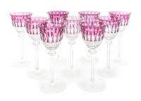 A Set of Nine Amethyst Cut to Clear Glass Wine Stems Height 8 inches.