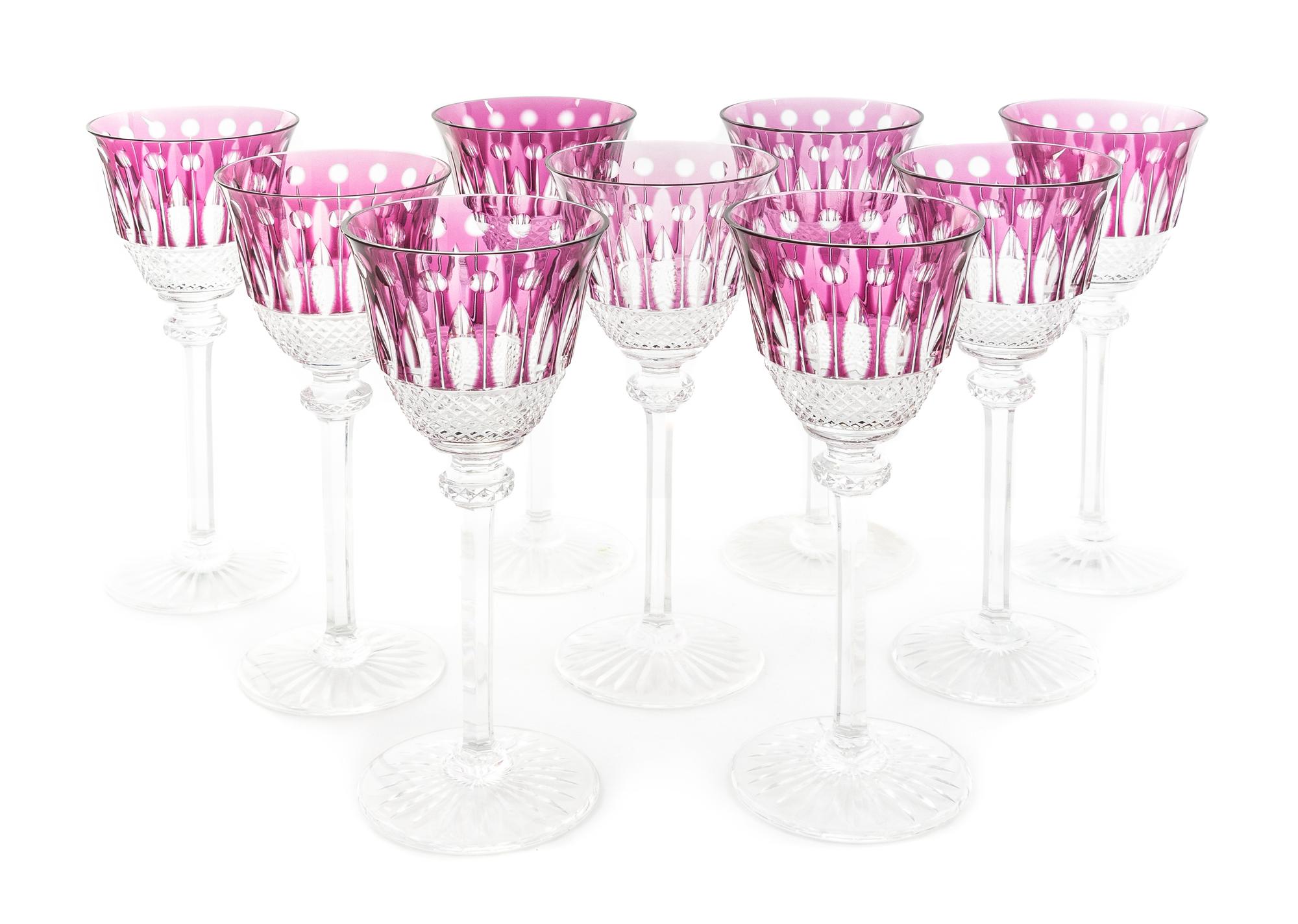 A Set of Nine Amethyst Cut to Clear Glass Wine Stems Height 8 inches.