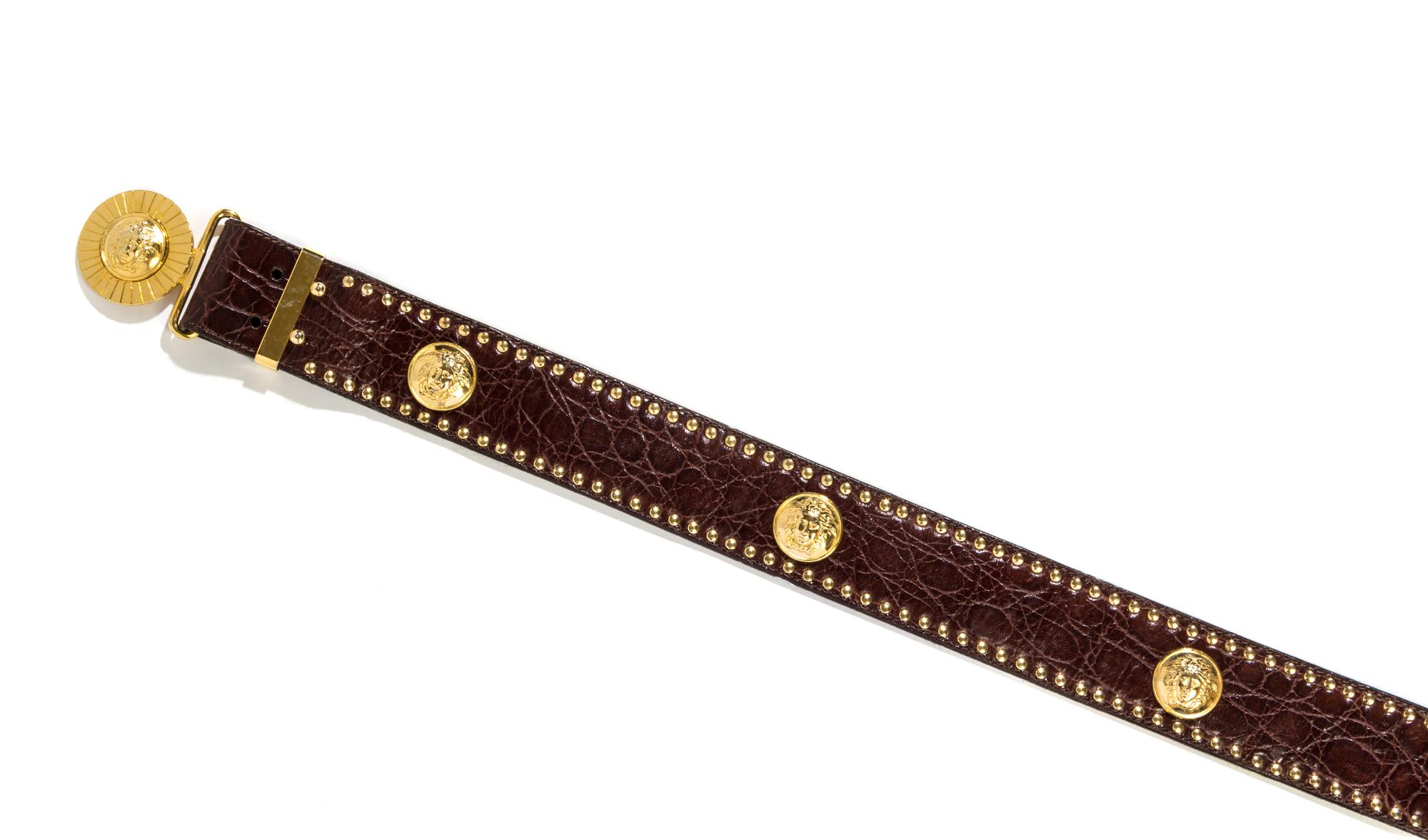 A Gianni Versace Brown Leather Croc Embossed Belt, Size 95/38.