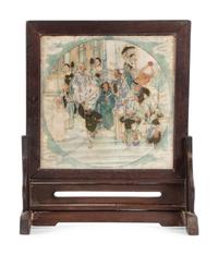 A Chinese Painted Hardstone Inset Hardwood Table Screen