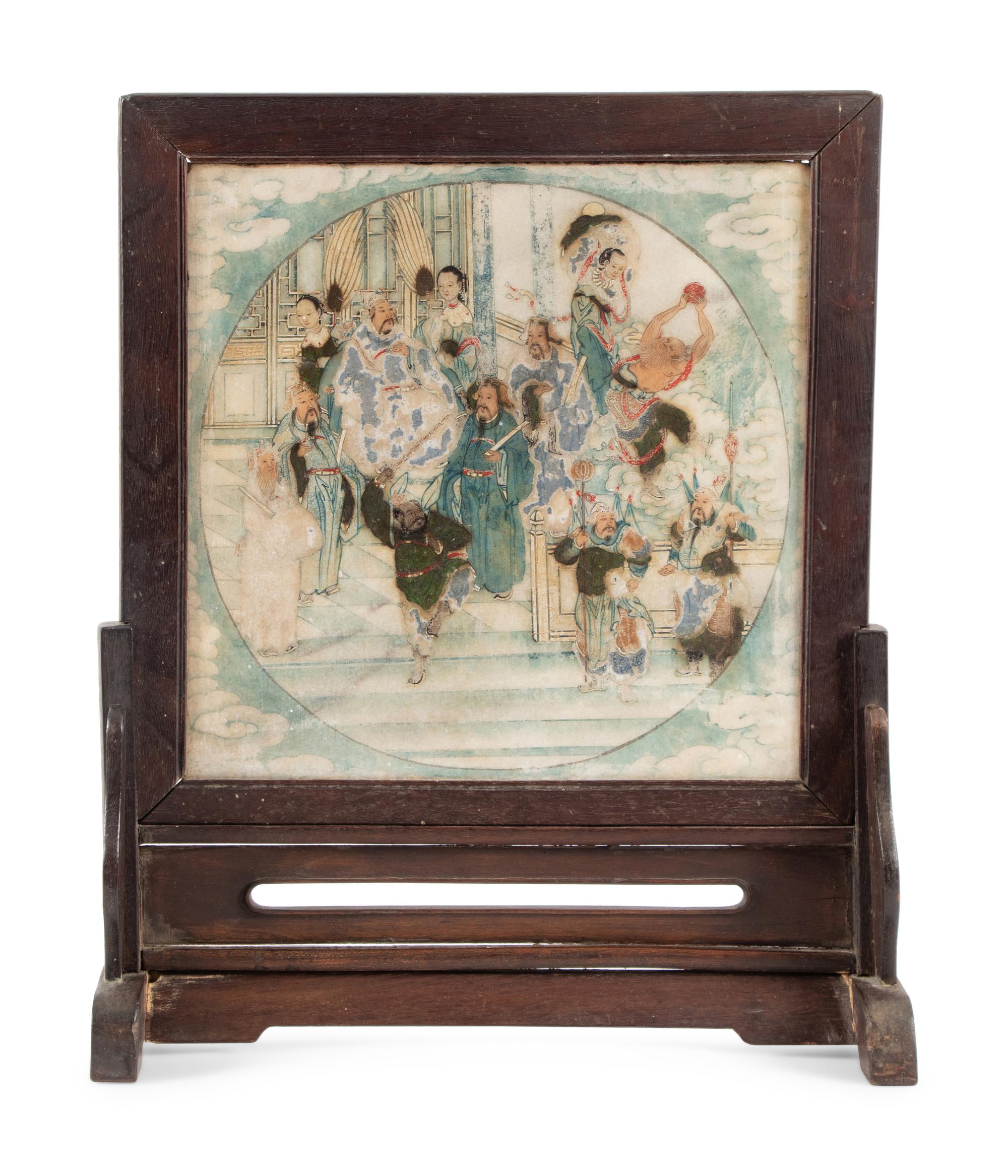 A Chinese Painted Hardstone Inset Hardwood Table Screen
