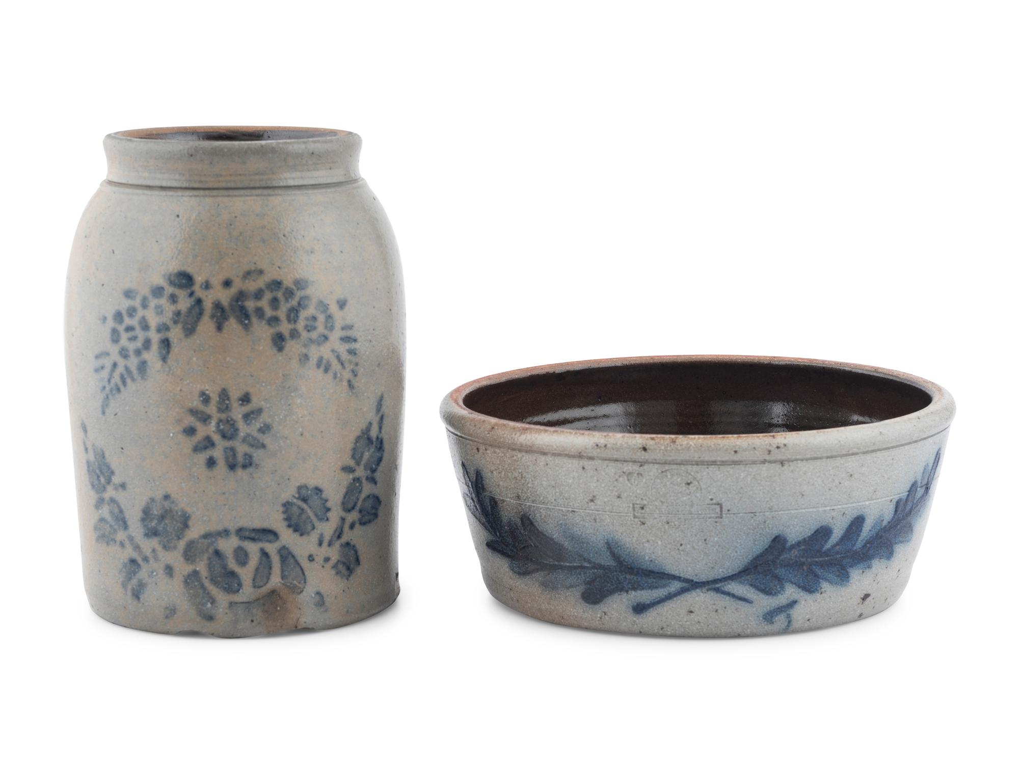 A Cobalt Decorated Stoneware Jar and Bowl