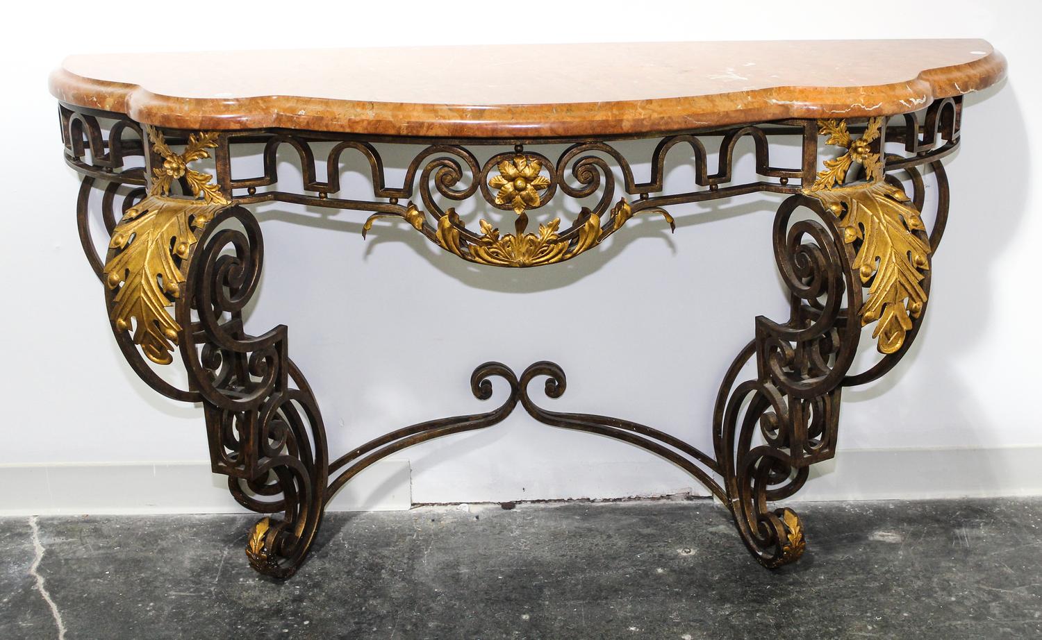 A French Iron and Gilt Tole Console Table Height of table base 33 x width 59 3/4 inches. — CIRCA 1900