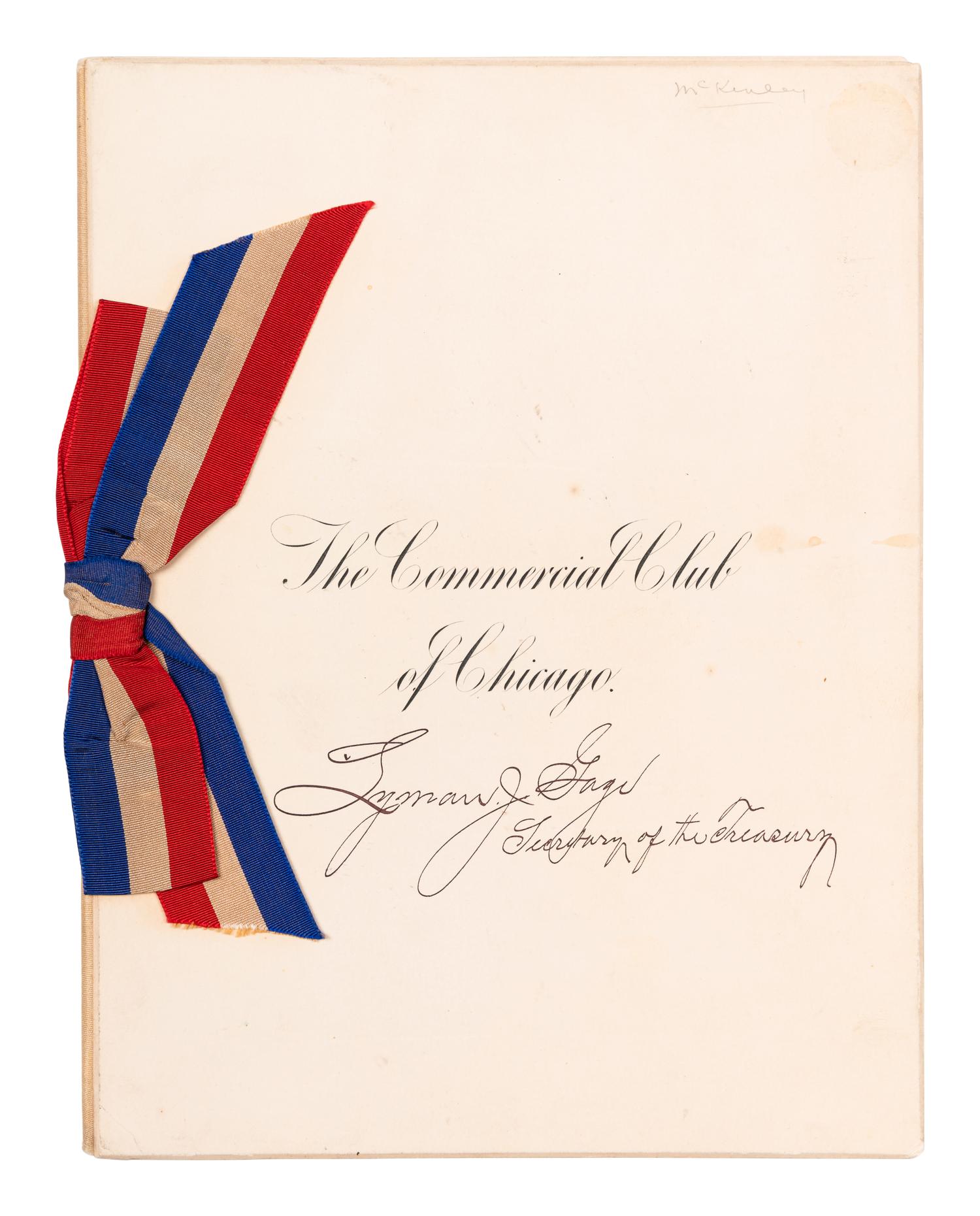 McKINLEY, WILIAM (1843-1901). Signed menu from a dinner given in honor of President McKinley by the Commercial Club of Chicago on October 10, 1899, at the Auditorium Hotel. [10 October 1899].