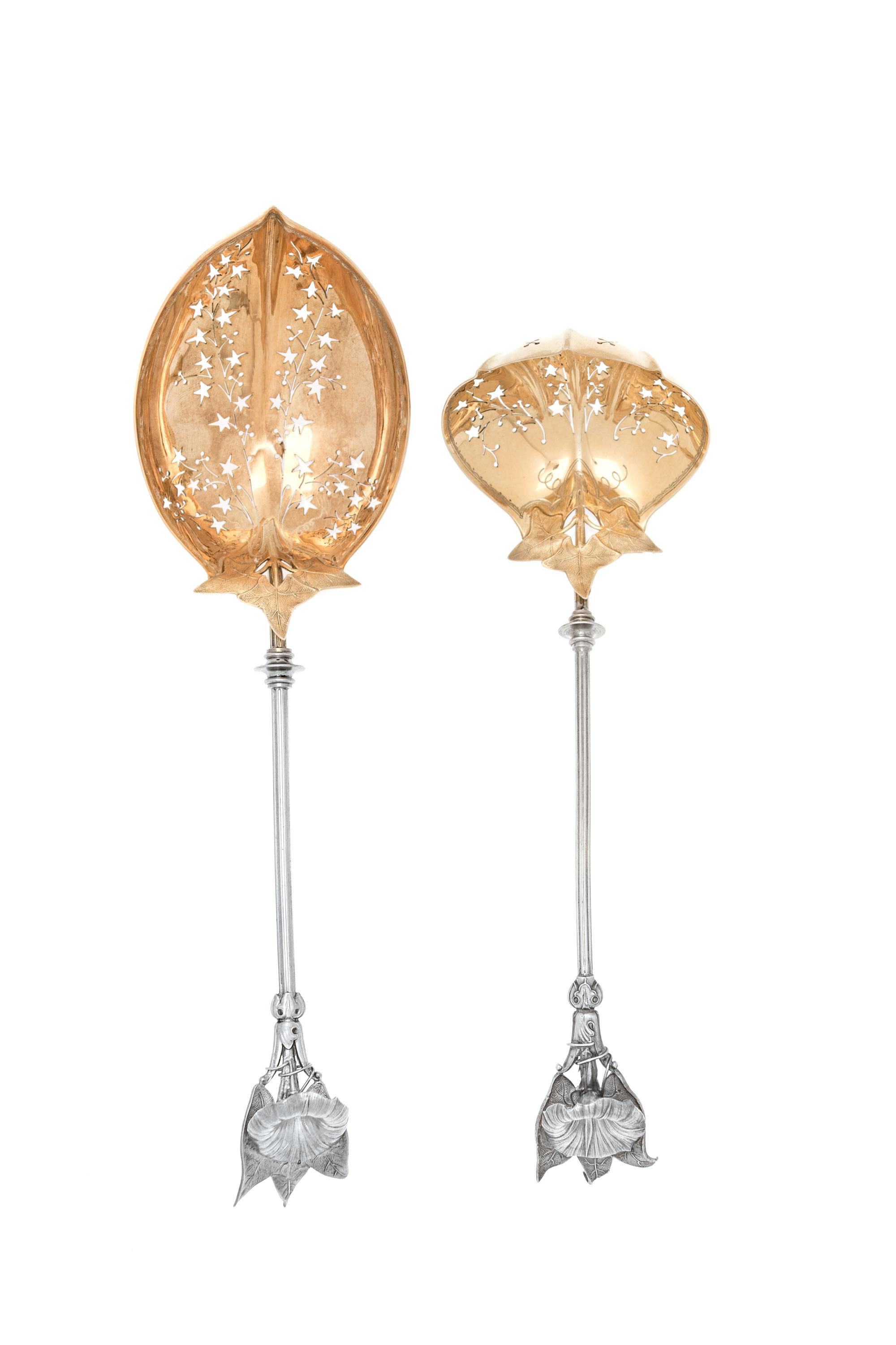 Two American Silver Serving Spoons, Gorham Mfg. Co., Providence, RI, Circa 1865, Morning Glory pattern, retailed by Tiffany & Co., each
