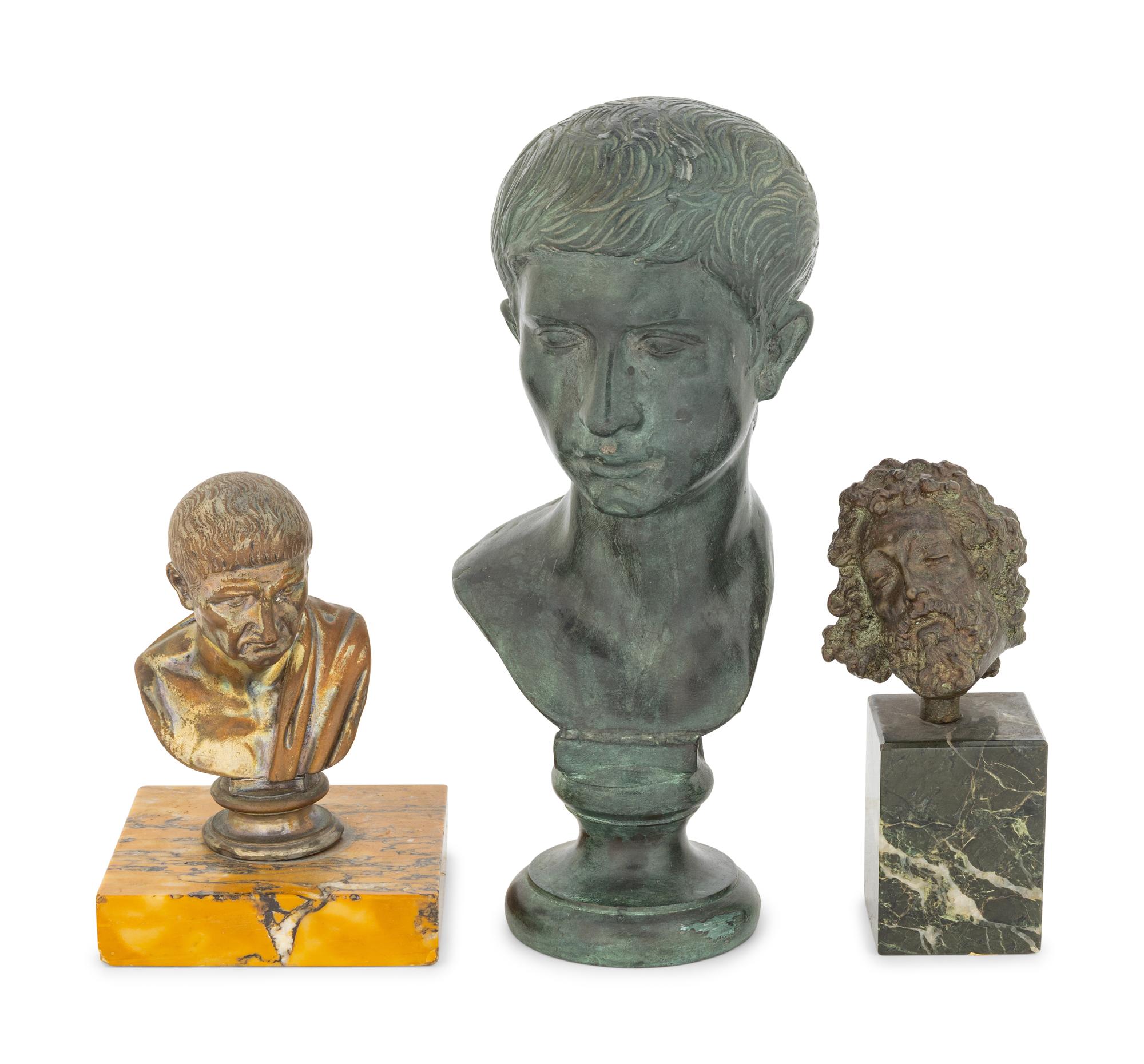Two Continental Bronze Busts of Julio-Claudian Emperors and a Bronze Bust of a Bearded Man, Possibly Christ