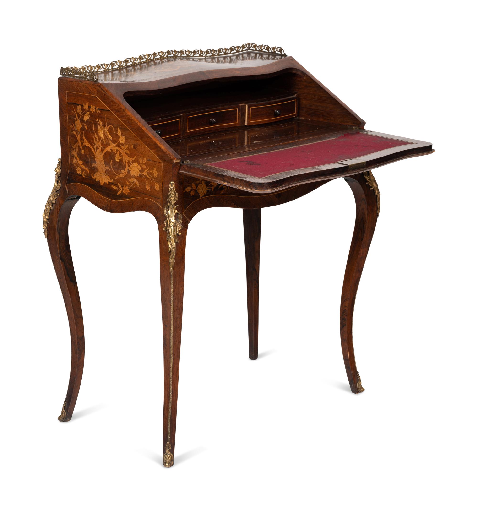 A Louis XV Style Gilt Bronze Mounted Marquetry Bureau en Pente