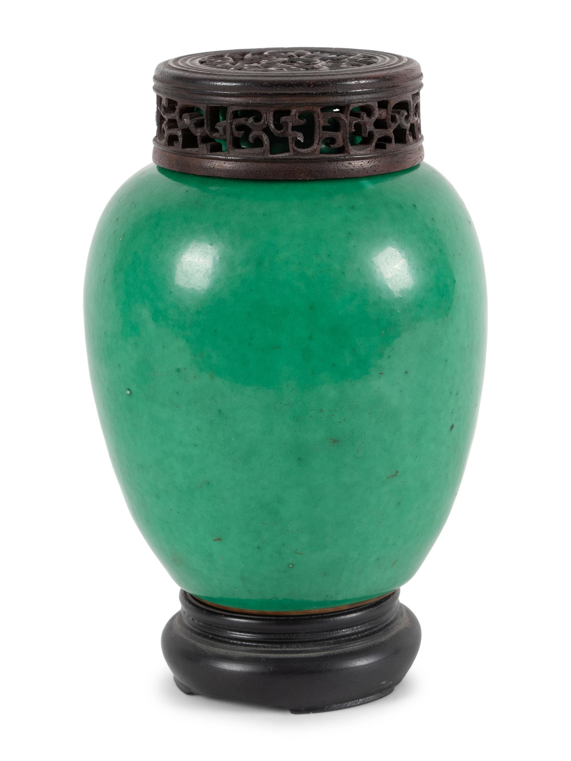 Two Chinese Monochrome Green Glazed Porcelain Vessels